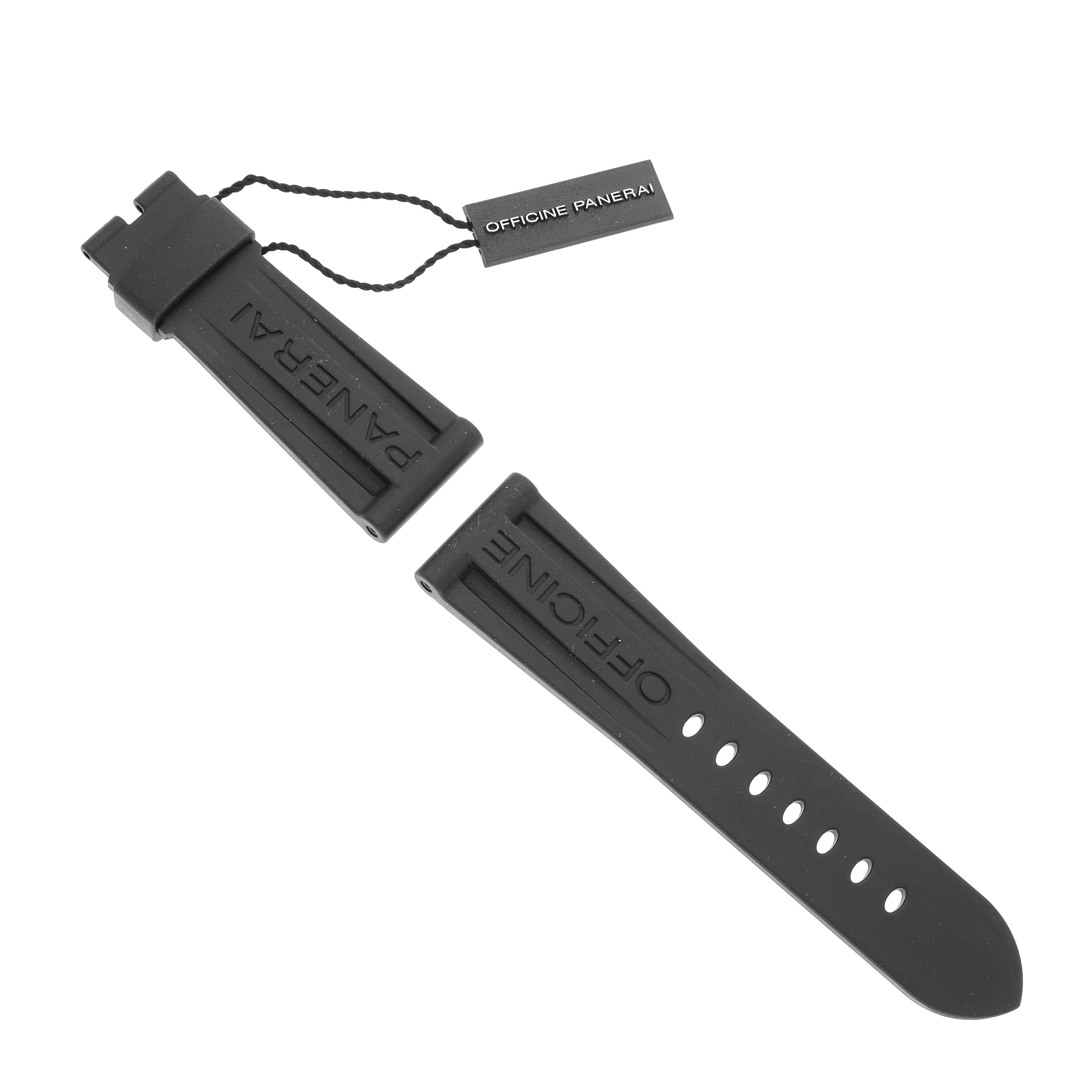 The image shows black rubber straps for a Panerai Submersible PAM00389 Men
s Titanium Black Dial PAM00389 Men
s Titanium Black Dial watch, with "PANERAI" and "OFFICINE" embossed on them.