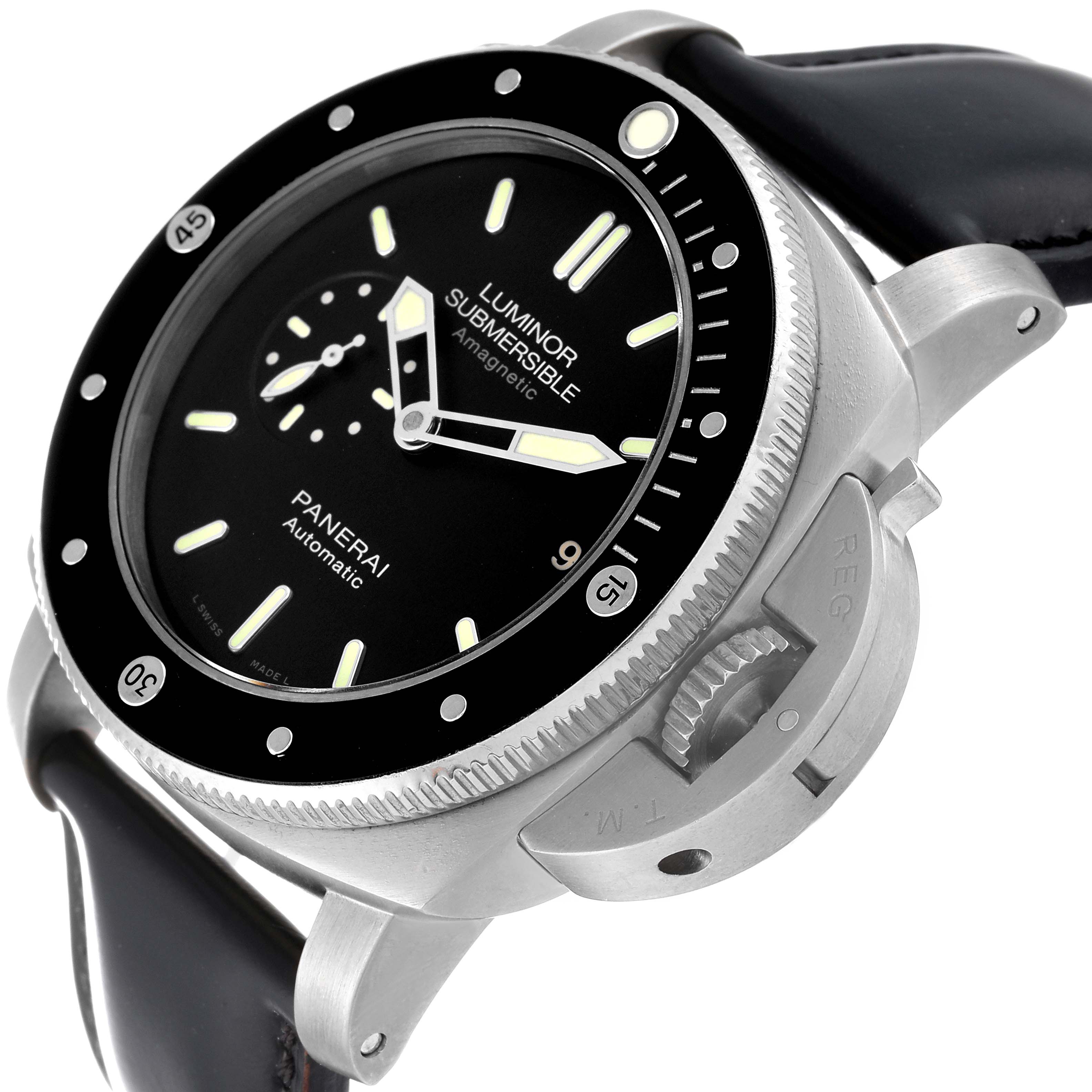 This image shows a Panerai Submersible PAM00389 Men
s Titanium Black Dial PAM00389 Men
s Titanium Black Dial watch at a slight angle, highlighting the dial, bezel, crown guard, and strap attachment.