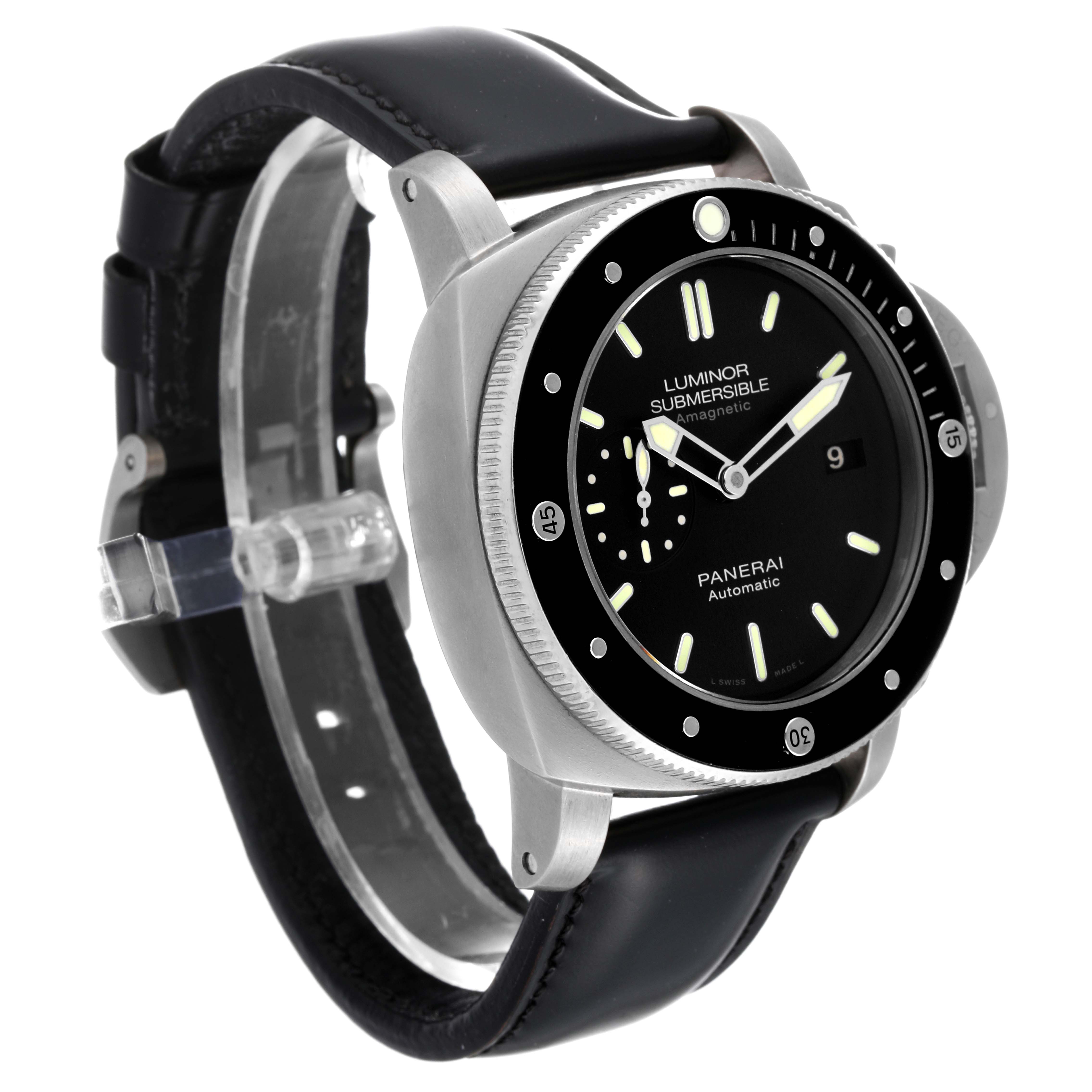 The Panerai Submersible PAM00389 Men
s Titanium Black Dial PAM00389 Men
s Titanium Black Dial watch is shown at an angle highlighting its face, bezel, and strap.