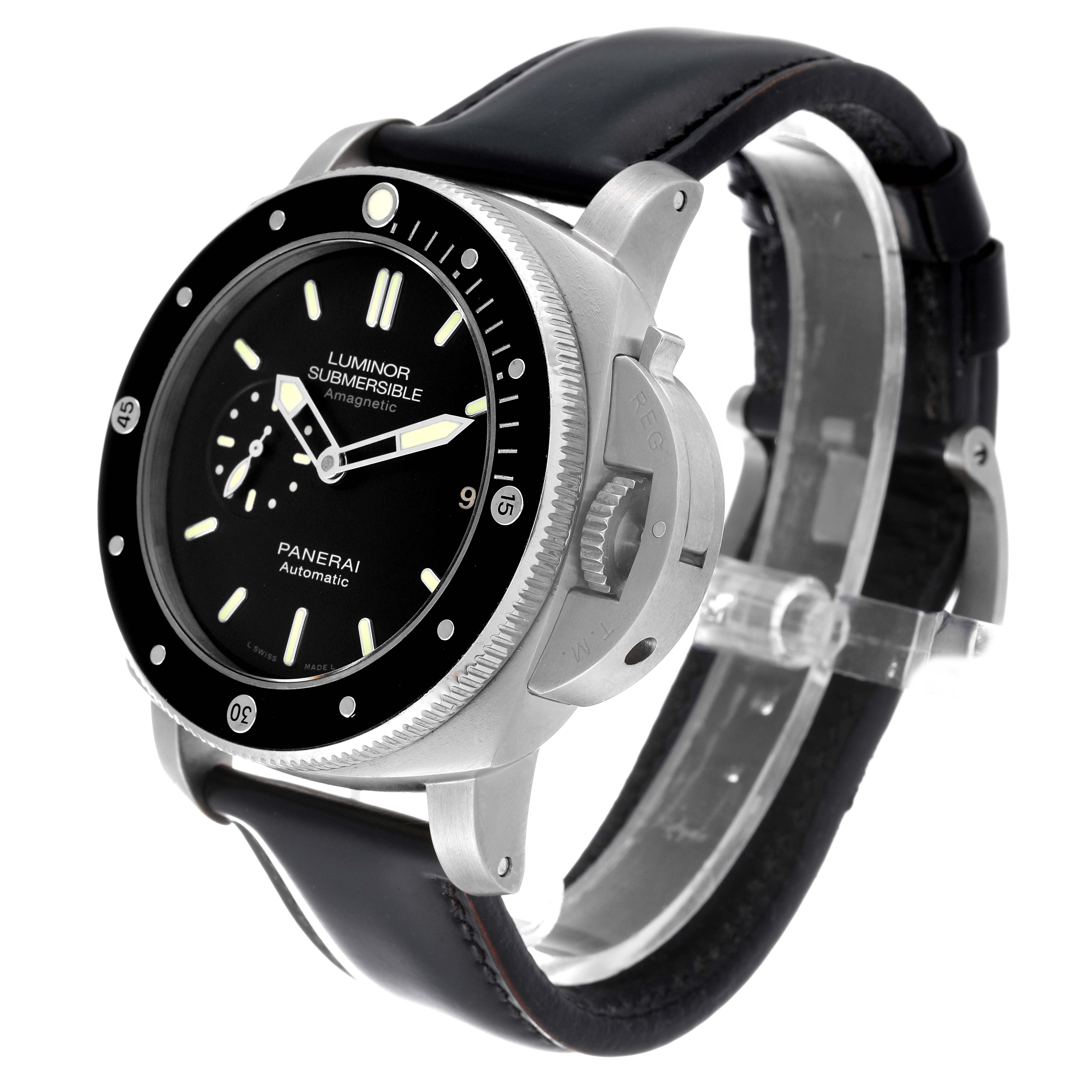 This image shows a Panerai Submersible PAM00389 Men
s Titanium Black Dial PAM00389 Men
s Titanium Black Dial watch in a three-quarter angle, highlighting its dial, bezel, crown guard, and leather strap.