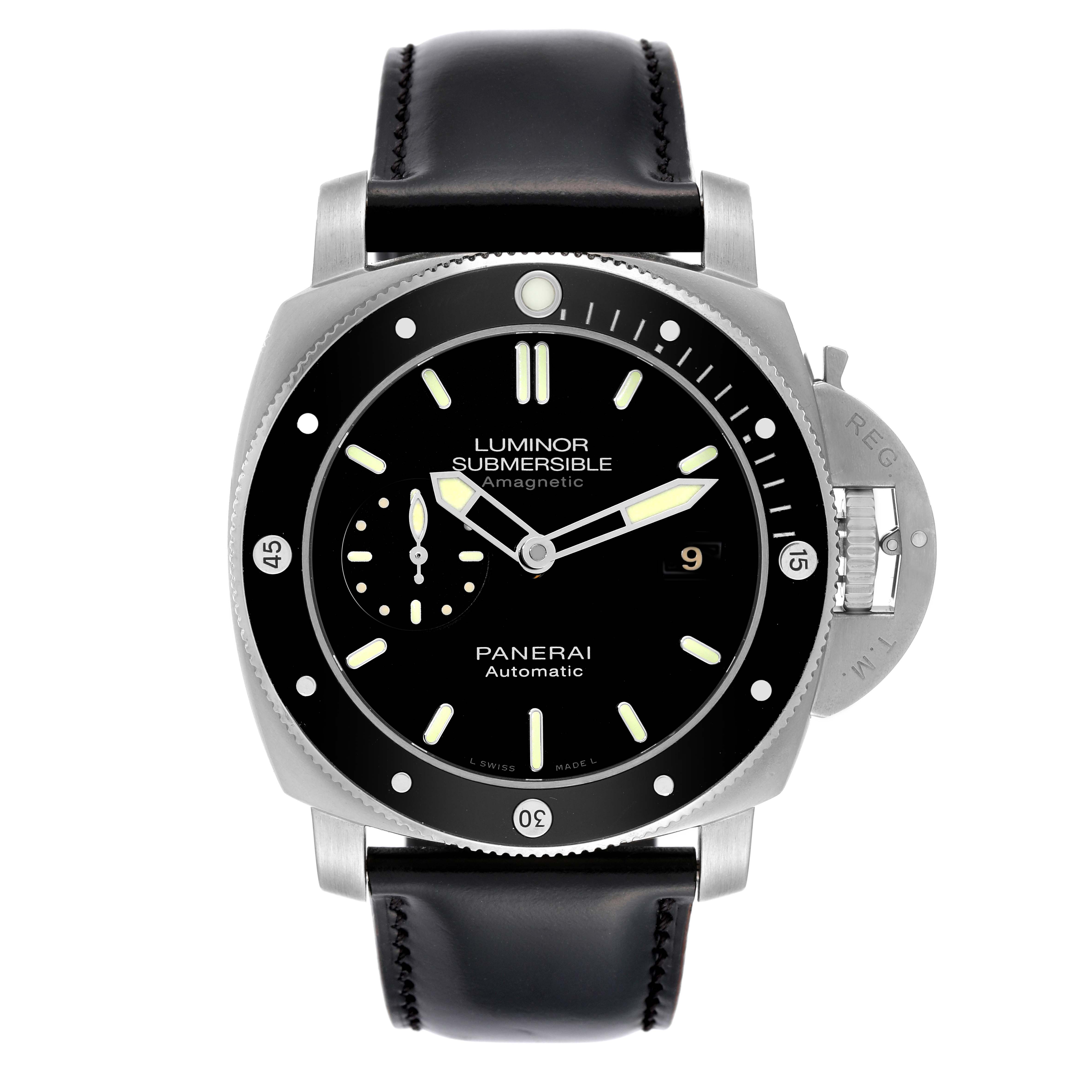 This image shows a front angle of the Panerai Luminor Submersible watch, highlighting its face, bezel, crown guard, and leather strap.