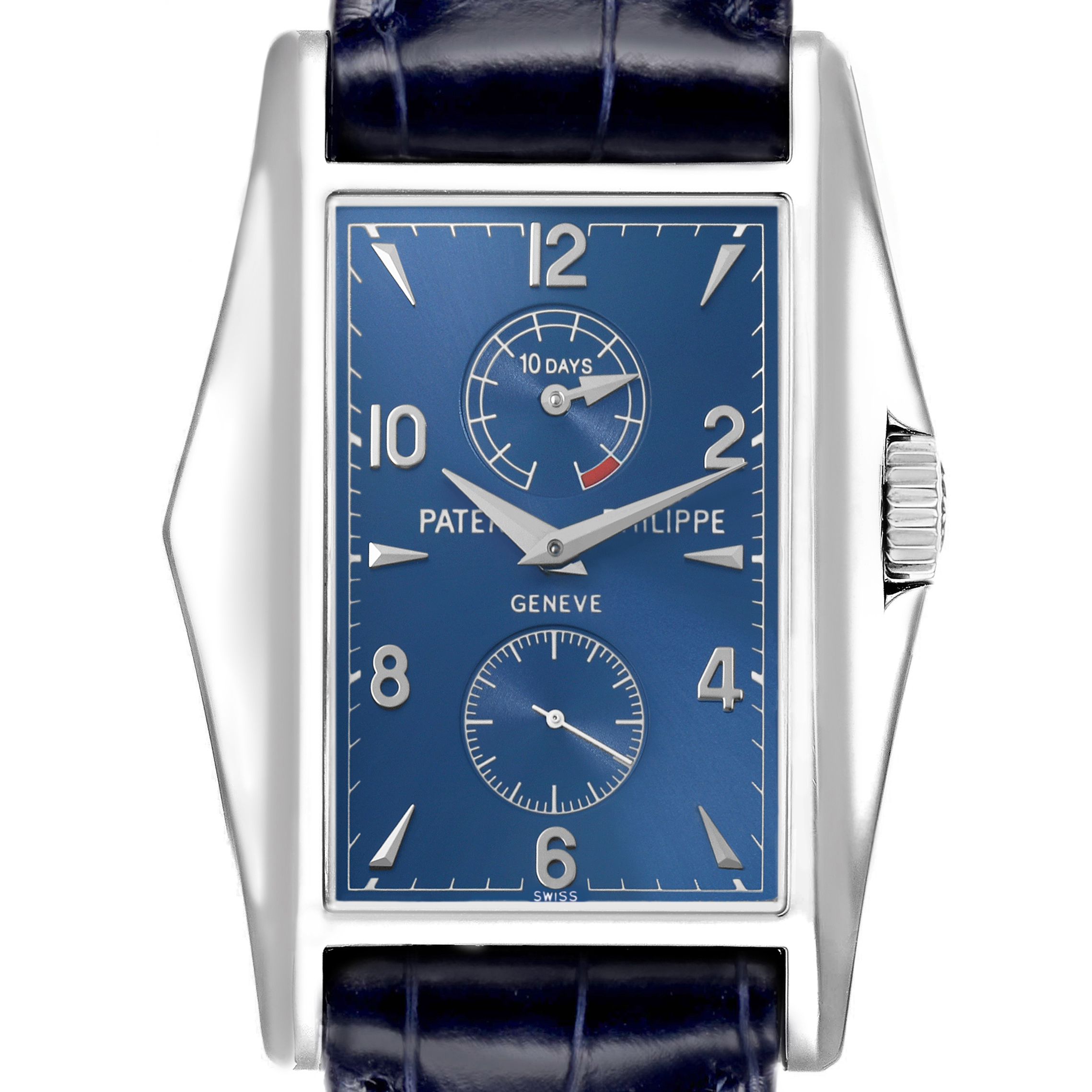 The Patek Philippe Gondolo 5100G - 001 Men
s White Gold Blue Dial watch is shown from the front, highlighting its blue dial, rectangular case, and side view of the crown.