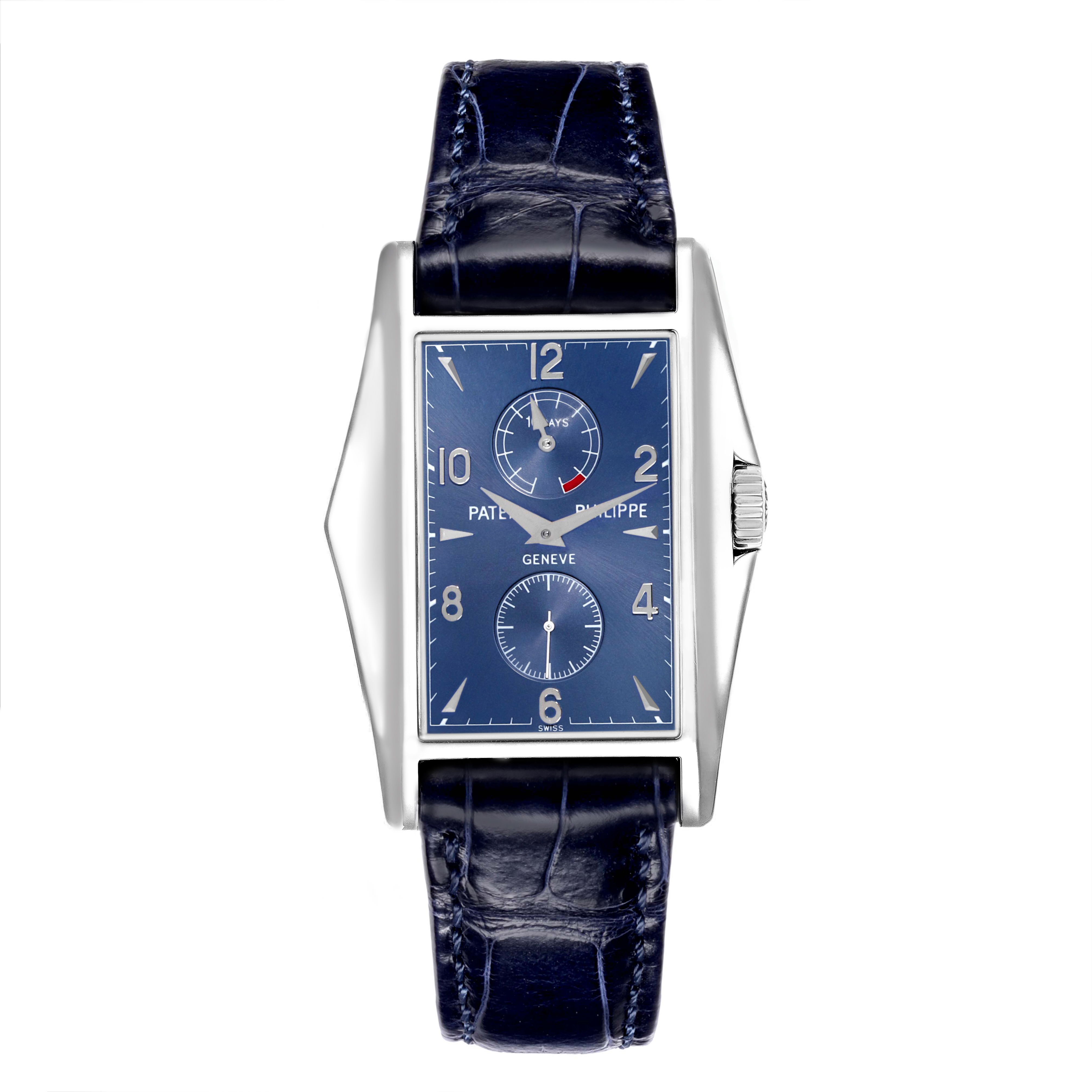The Patek Philippe Gondolo 5100G - 001 Men's White Gold Blue Dial watch is shown from the front, highlighting its rectangular face, blue dial, and blue leather strap.