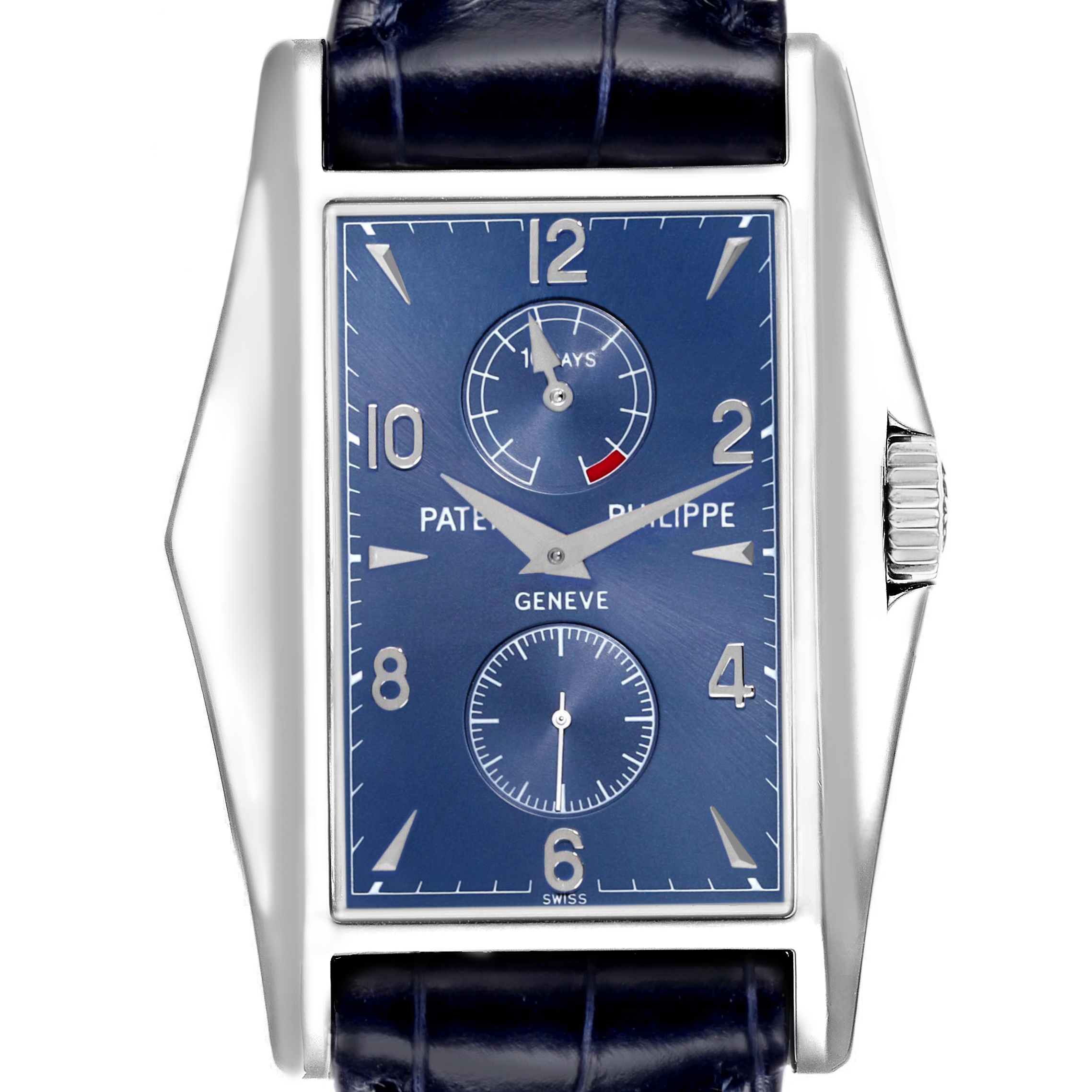 The Patek Philippe Gondolo 5100G - 001 Men's White Gold Blue Dial watch is shown from the front, displaying the dial, hands, crown, and part of the strap.