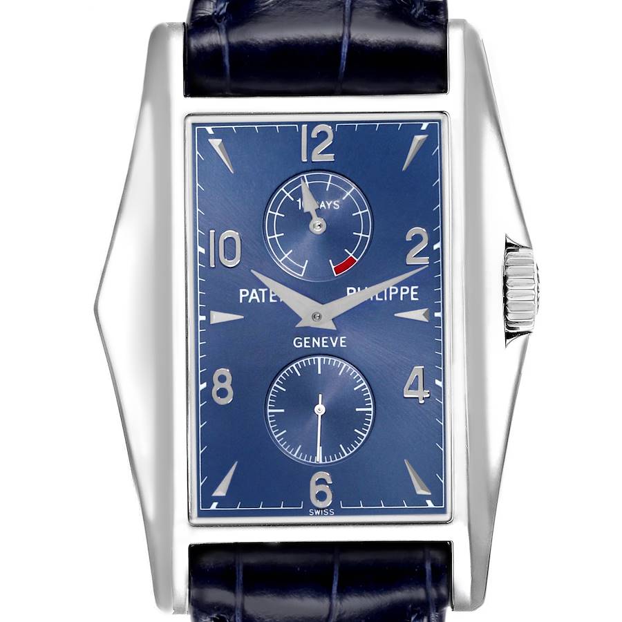 The Patek Philippe Gondolo 5100G - 001 Men's White Gold Blue Dial watch is shown from the front, displaying the dial, hands, crown, and part of the strap.