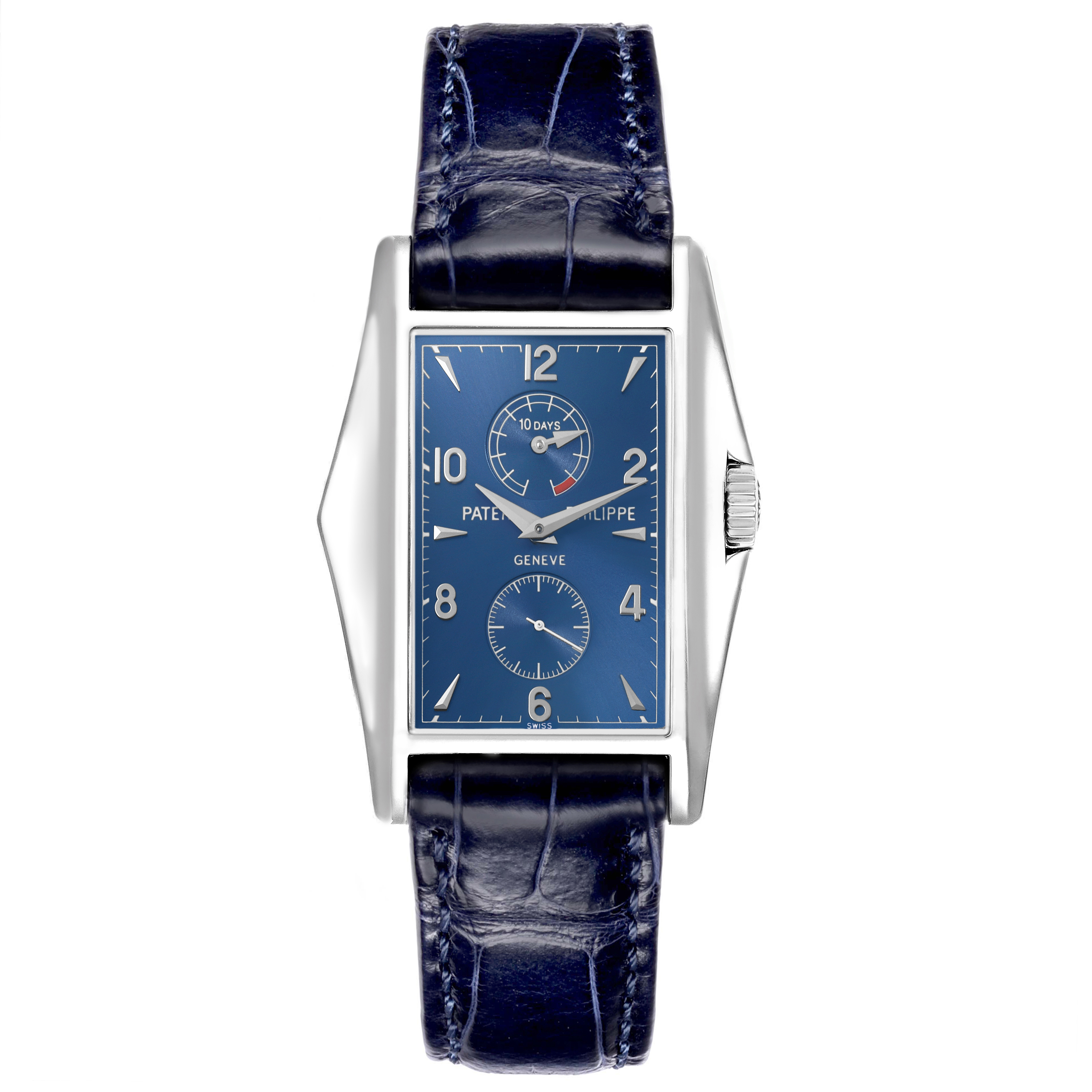The Patek Philippe Gondolo 5100G - 001 Men
s White Gold Blue Dial watch is shown from a front angle, highlighting its blue dial and leather strap.