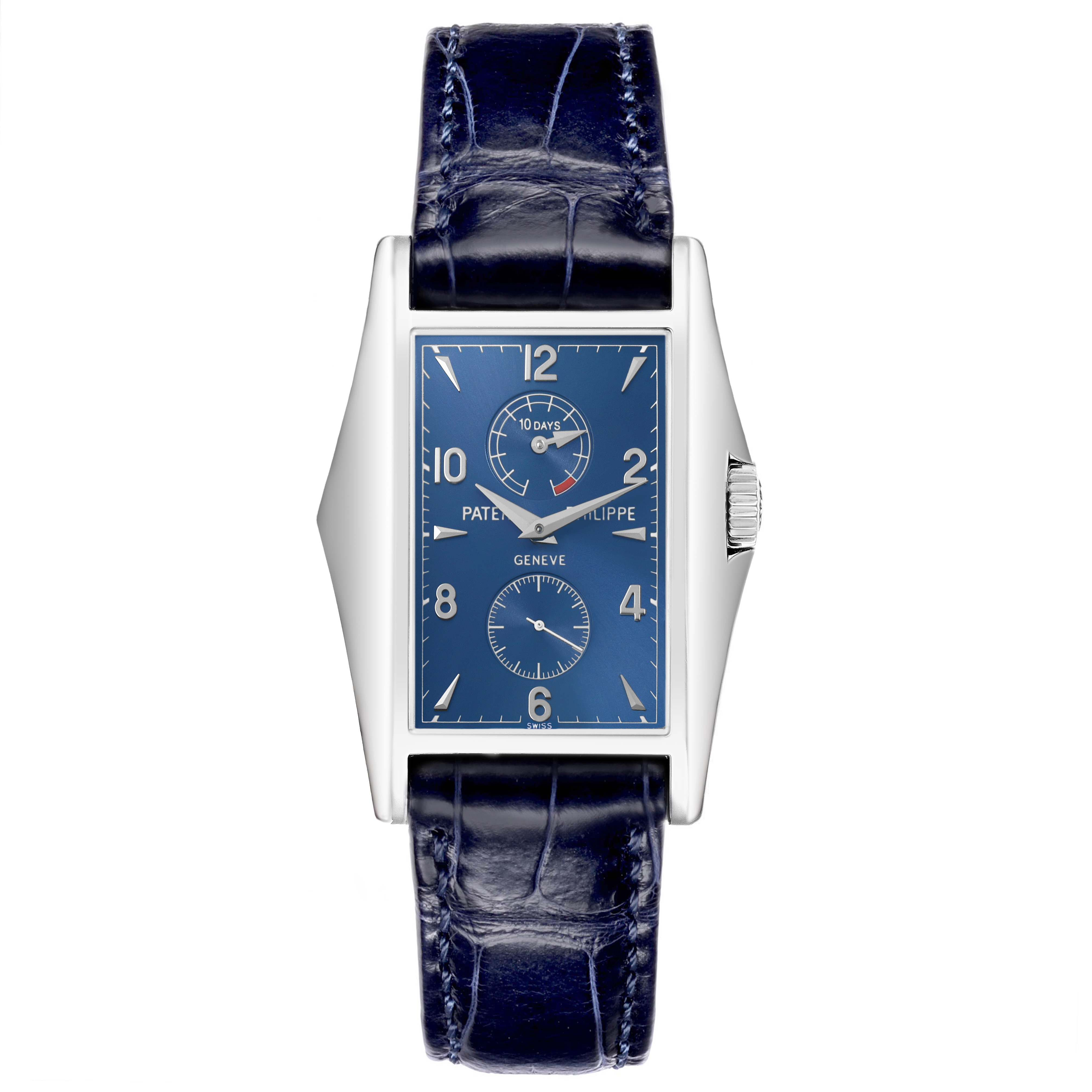 The Patek Philippe Gondolo 5100G - 001 Men's White Gold Blue Dial watch is shown from a front view highlighting its rectangular face and crocodile leather strap.
