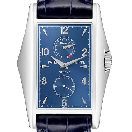 The Patek Philippe Gondolo 5100G - 001 Men's White Gold Blue Dial watch is shown from a front angle, displaying its blue dial, indices, hands, and side crown.