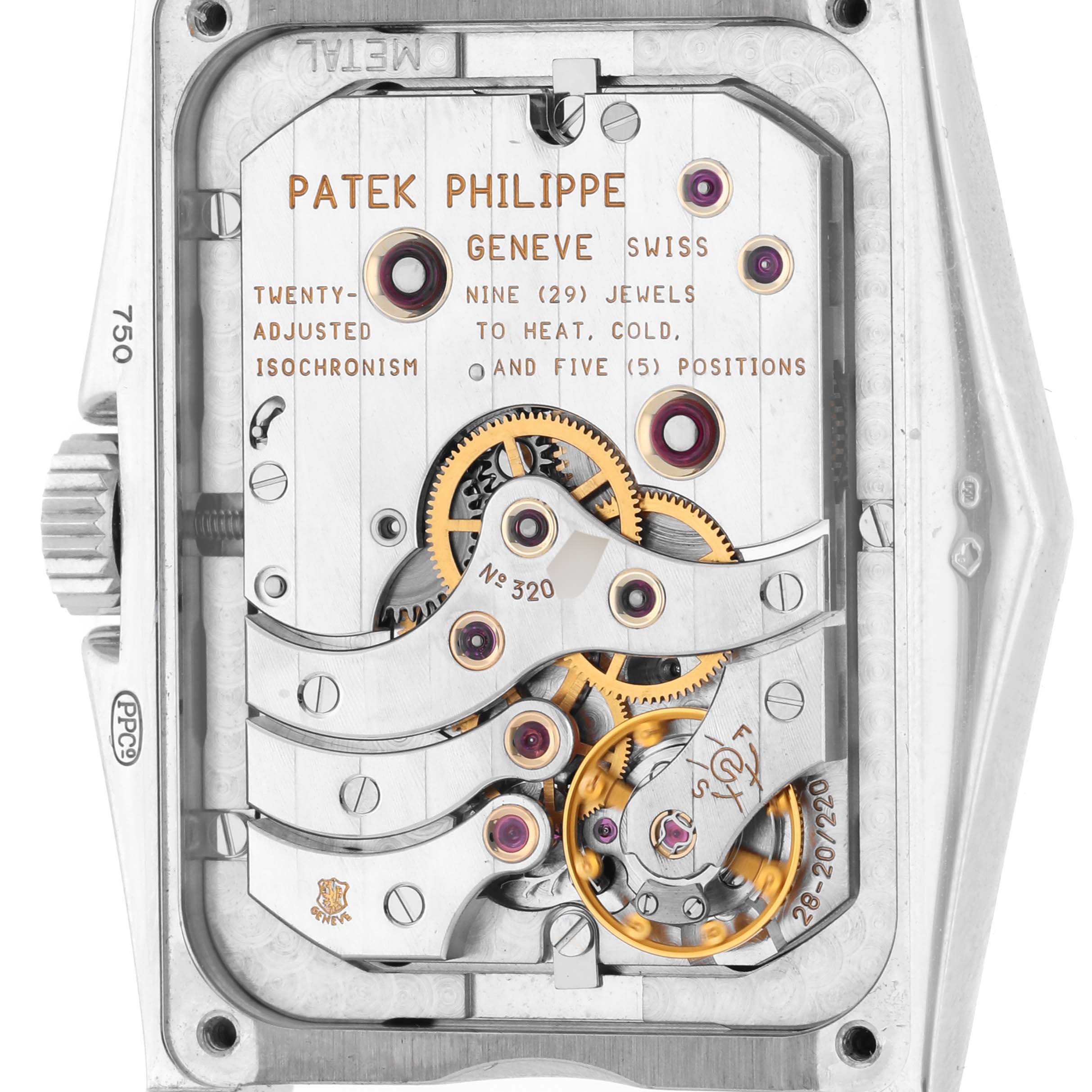 The image shows the movement and internal mechanics of a Patek Philippe Gondolo 5100G - 001 Men's White Gold Blue Dial 5100G - 001 Men's White Gold Blue Dial watch from a rear angle.