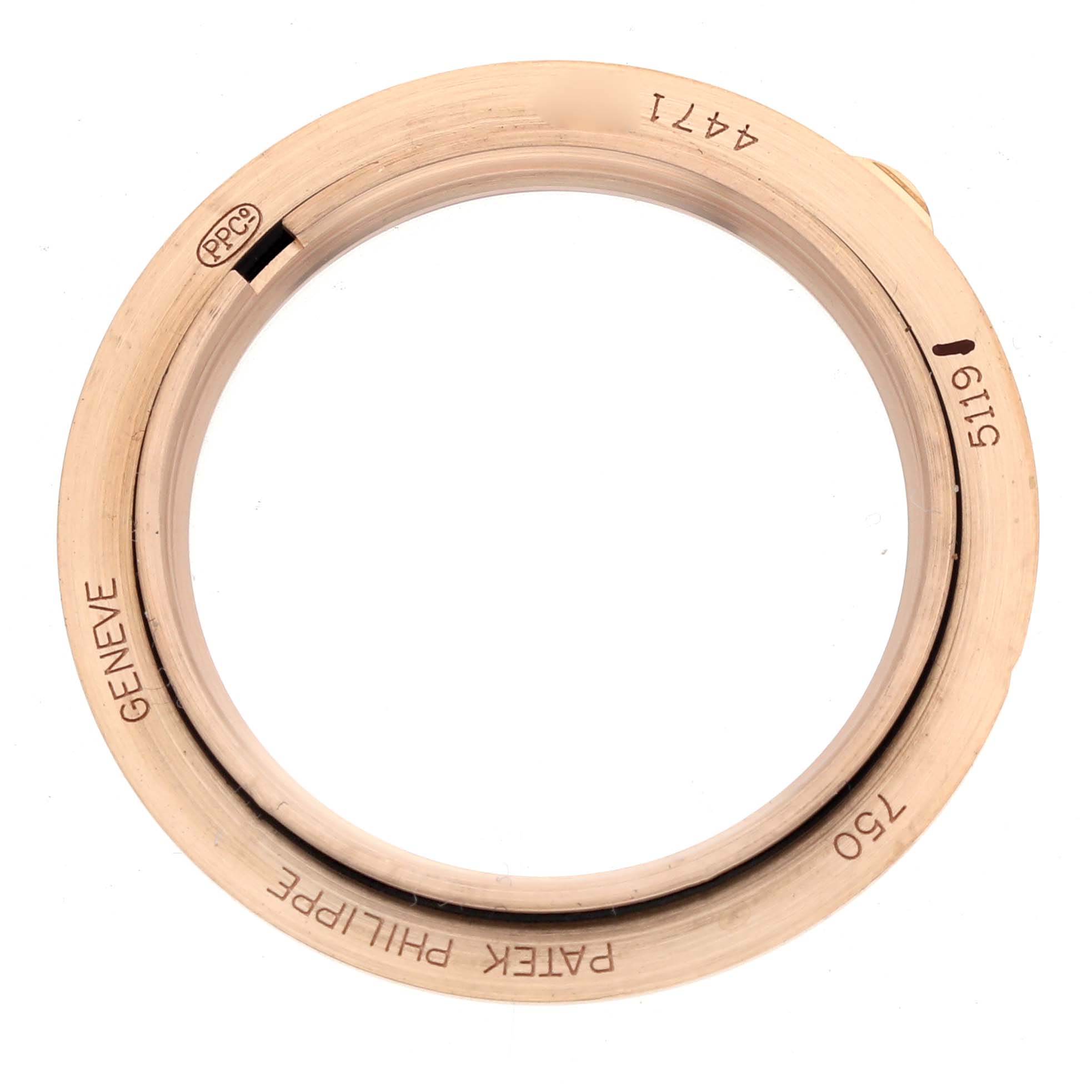 The image shows a top-down view of the bezel for a Patek Philippe Calatrava 5119 Men
s Rose Gold White Dial watch.
