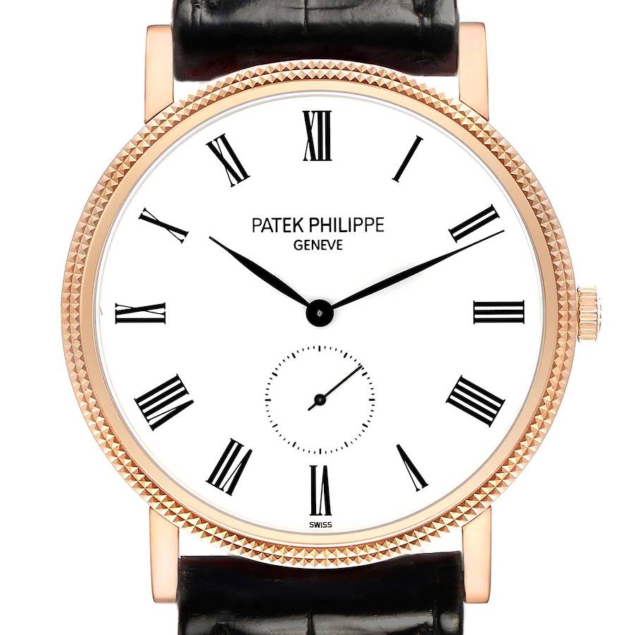The Patek Philippe Calatrava 5119 Men's Rose Gold White Dial watch is shown from the front, highlighting the dial, hands, bezel, and partial strap.