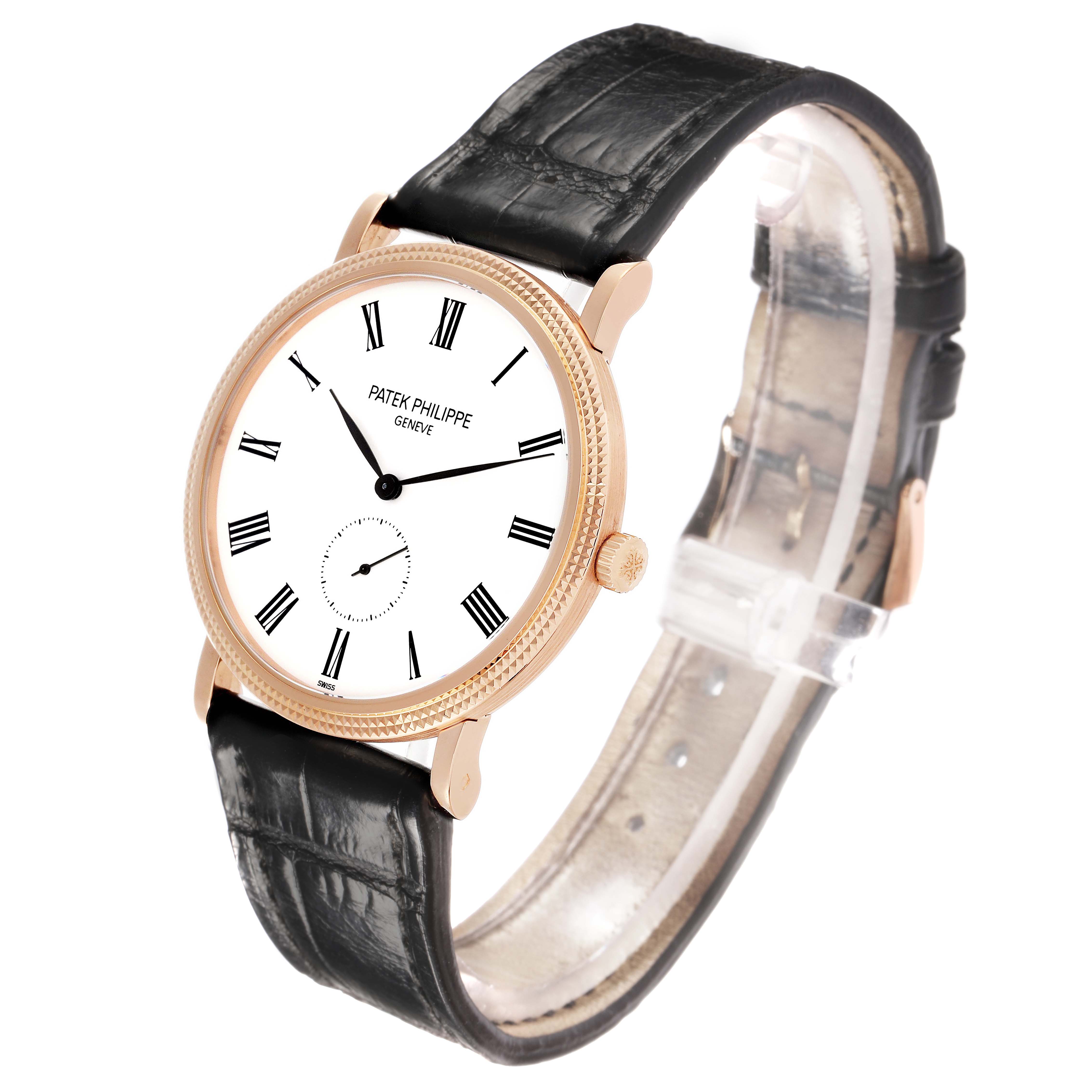 The Patek Philippe Calatrava 5119 Men
s Rose Gold White Dial is shown from a diagonal angle highlighting the watch face, bezel, crown, and leather strap.