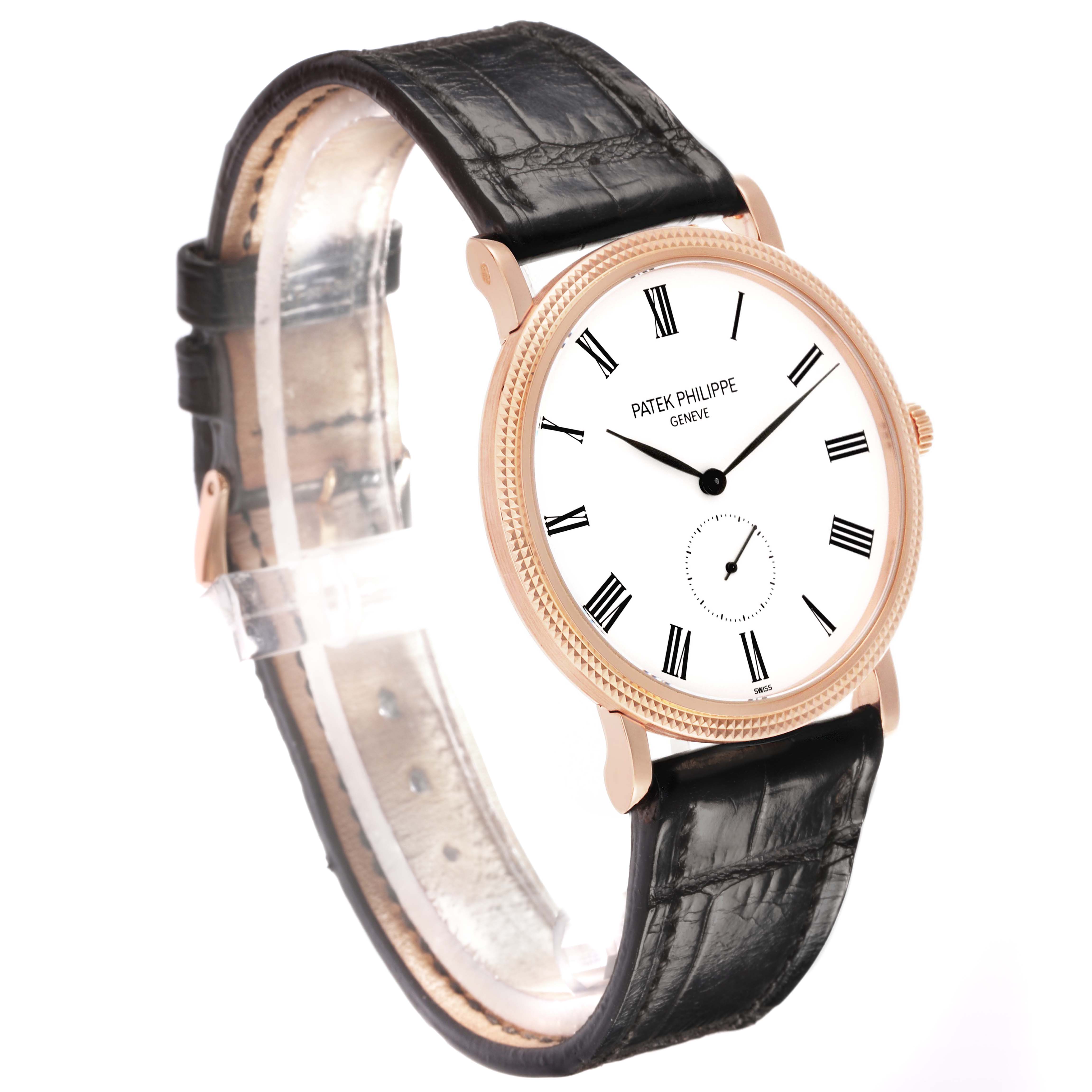 The Patek Philippe Calatrava 5119 Men
s Rose Gold White Dial watch is shown at a 3/4 angle, displaying the face, bezel, lugs, and leather strap clearly.