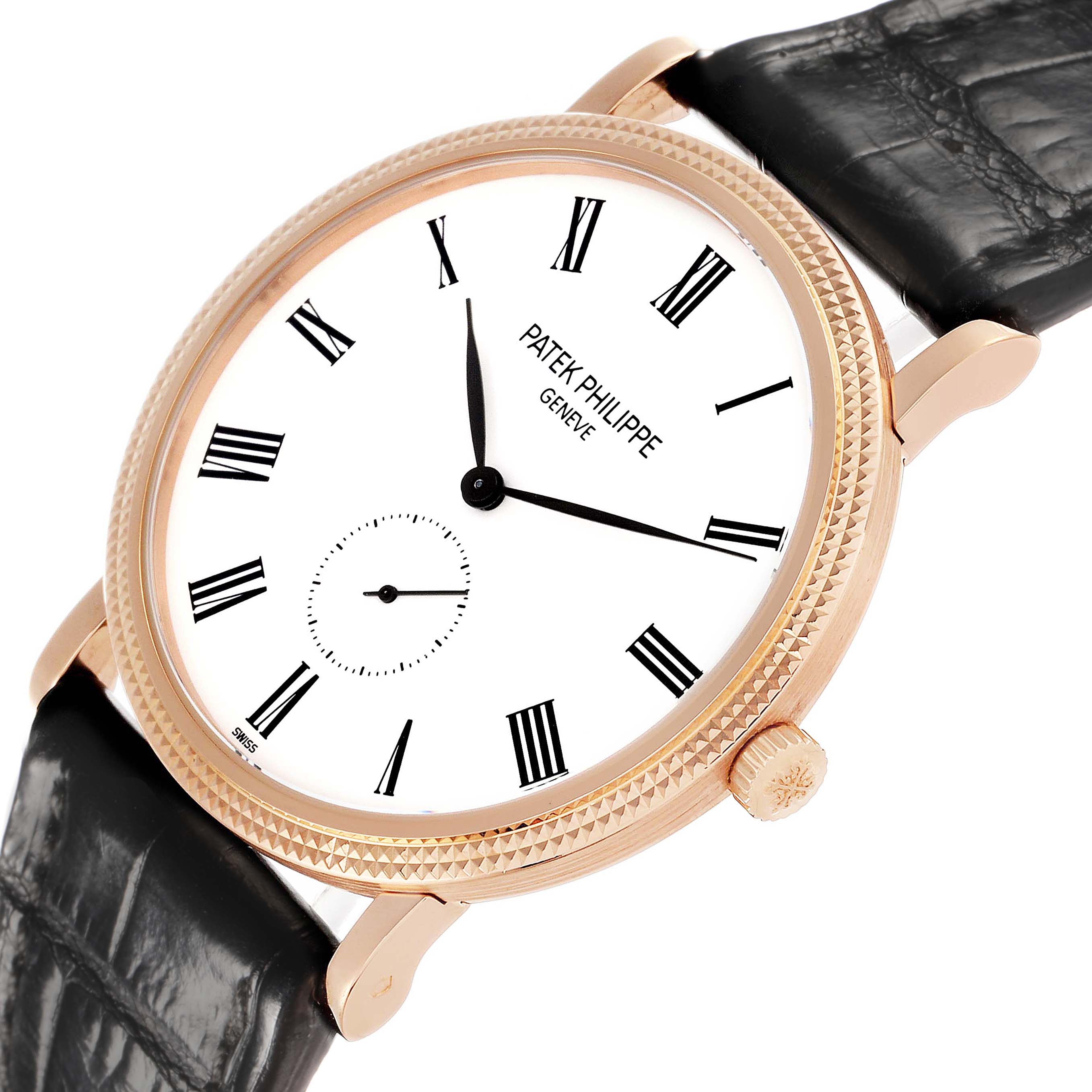 The Patek Philippe Calatrava 5119 Men
s Rose Gold White Dial watch is shown at a slight angle, displaying the face, crown, case detailing, and leather strap.