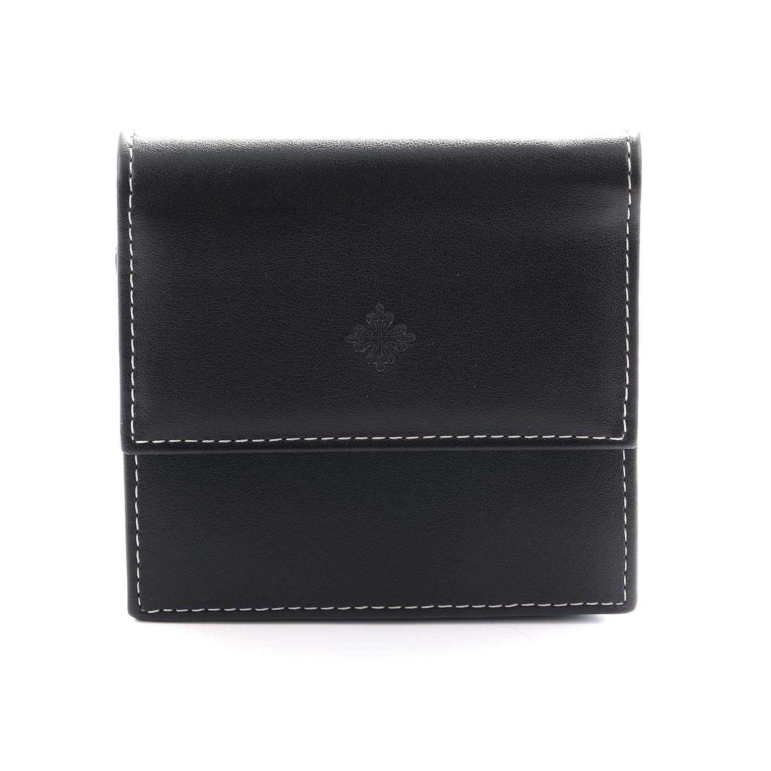 The image shows a black leather accessory case with white stitching for a Patek Philippe Calatrava 5119 Men
s Rose Gold White Dial watch, viewed from the front.