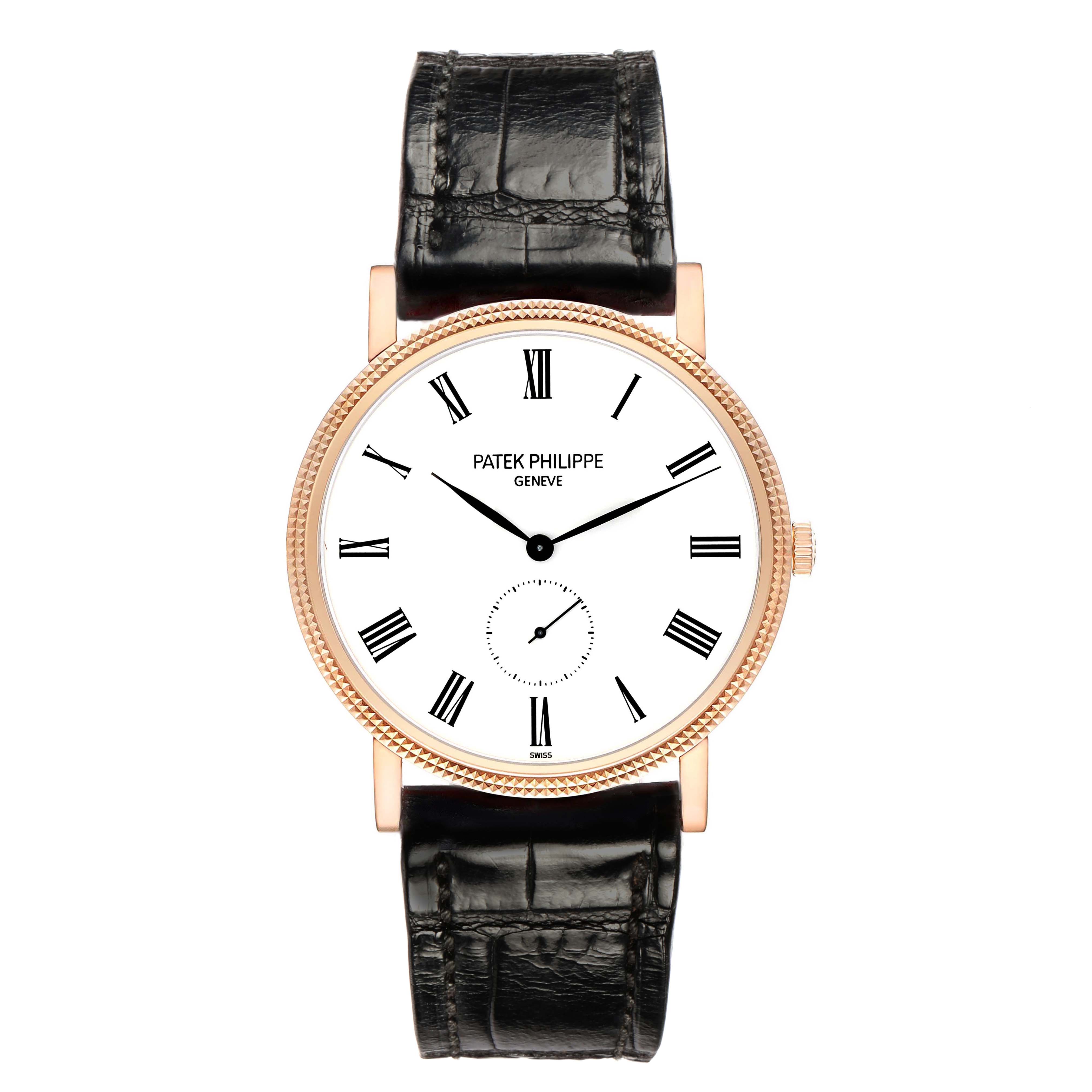 The Patek Philippe Calatrava 5119 Men
s Rose Gold White Dial watch is shown from a front angle, displaying its face, bezel, and black leather strap.