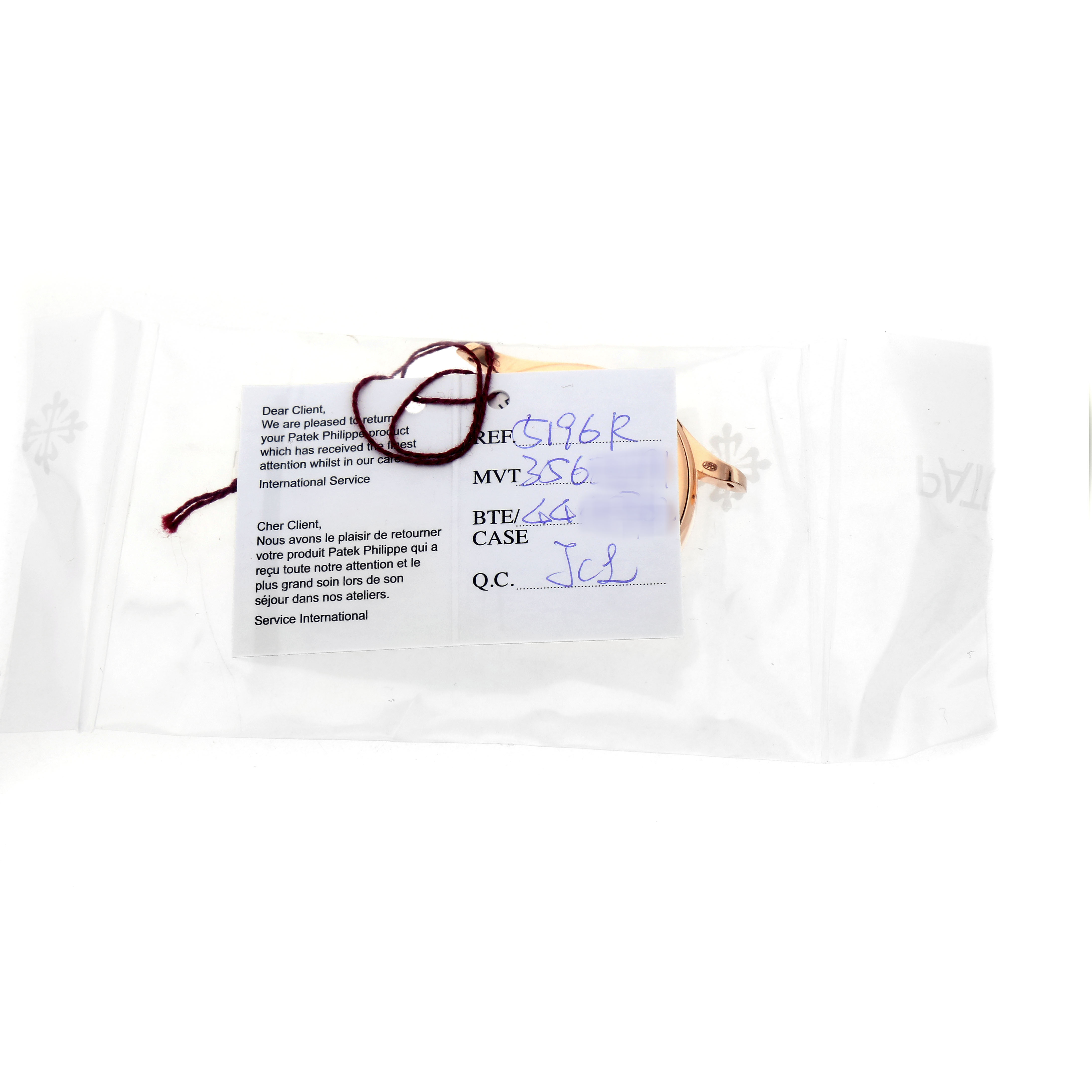 The image shows a Patek Philippe Calatrava 5196R-001 Men's Rose Gold Silver Dial watch partially visible in a transparent bag with a service note attached.