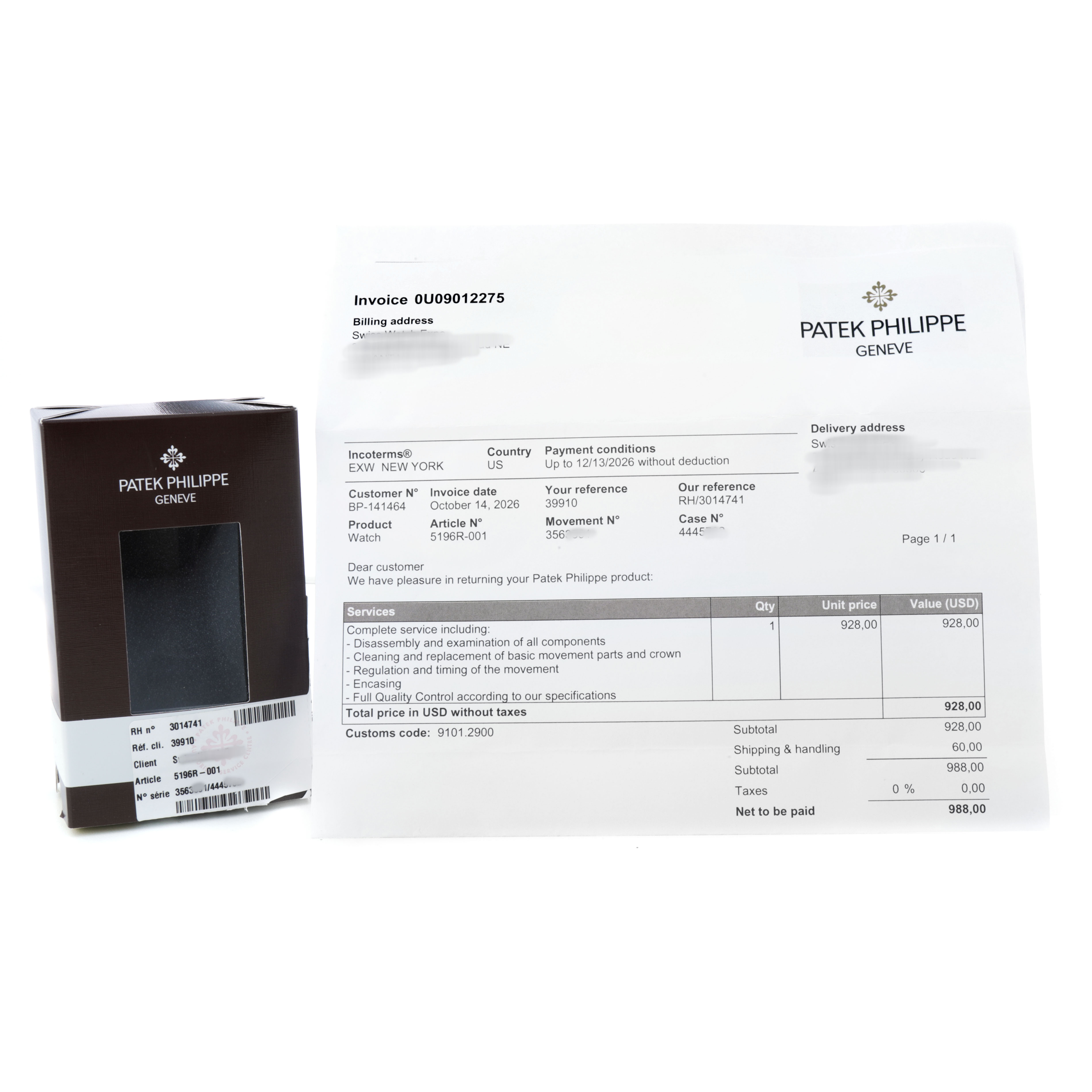 The image shows the packaging and an invoice for a Patek Philippe Calatrava 5196R-001 Men's Rose Gold Silver Dial watch.