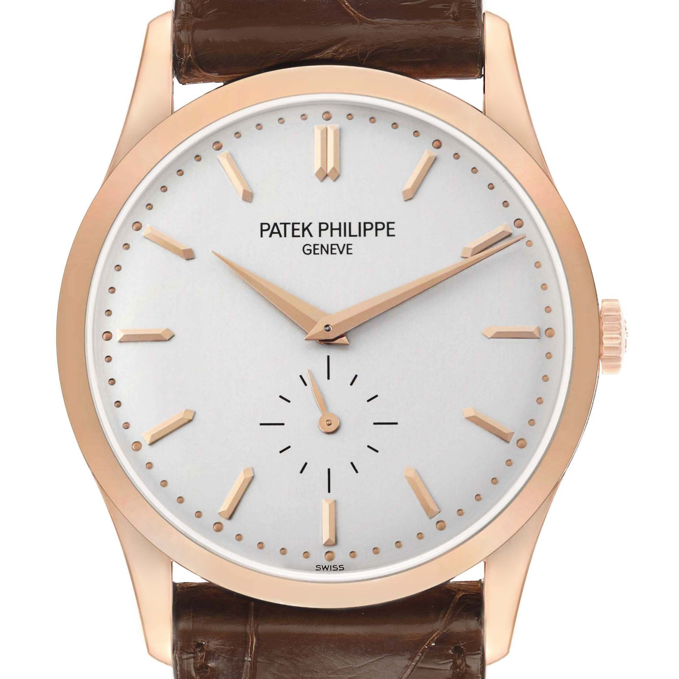The Patek Philippe Calatrava 5196R-001 Men's Rose Gold Silver Dial watch is shown from a front angle, displaying the dial, hands, crown, and strap.