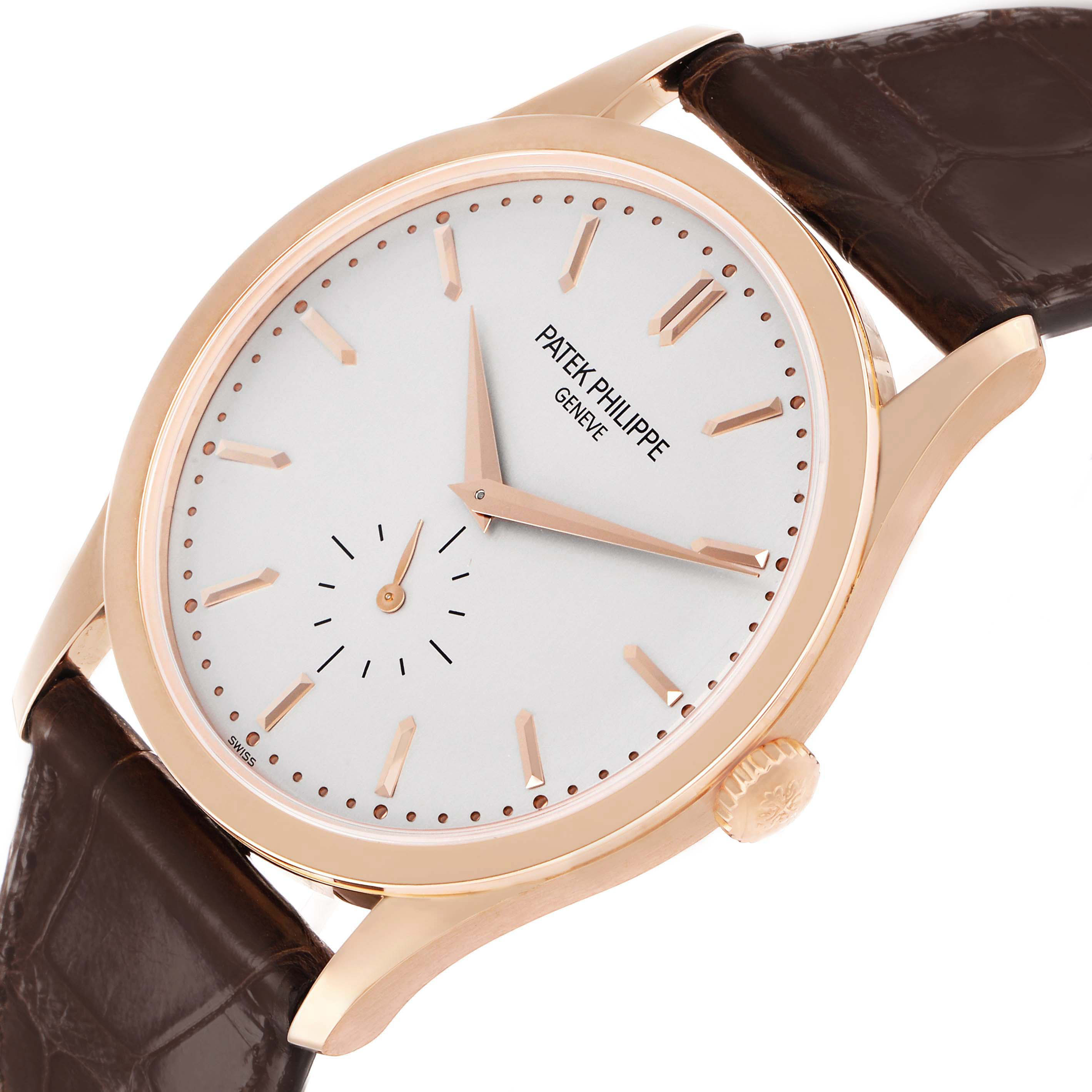 The Patek Philippe Calatrava 5196R-001 Men's Rose Gold Silver Dial watch is shown from a slightly angled top view, displaying the face, case, crown, and leather strap.
