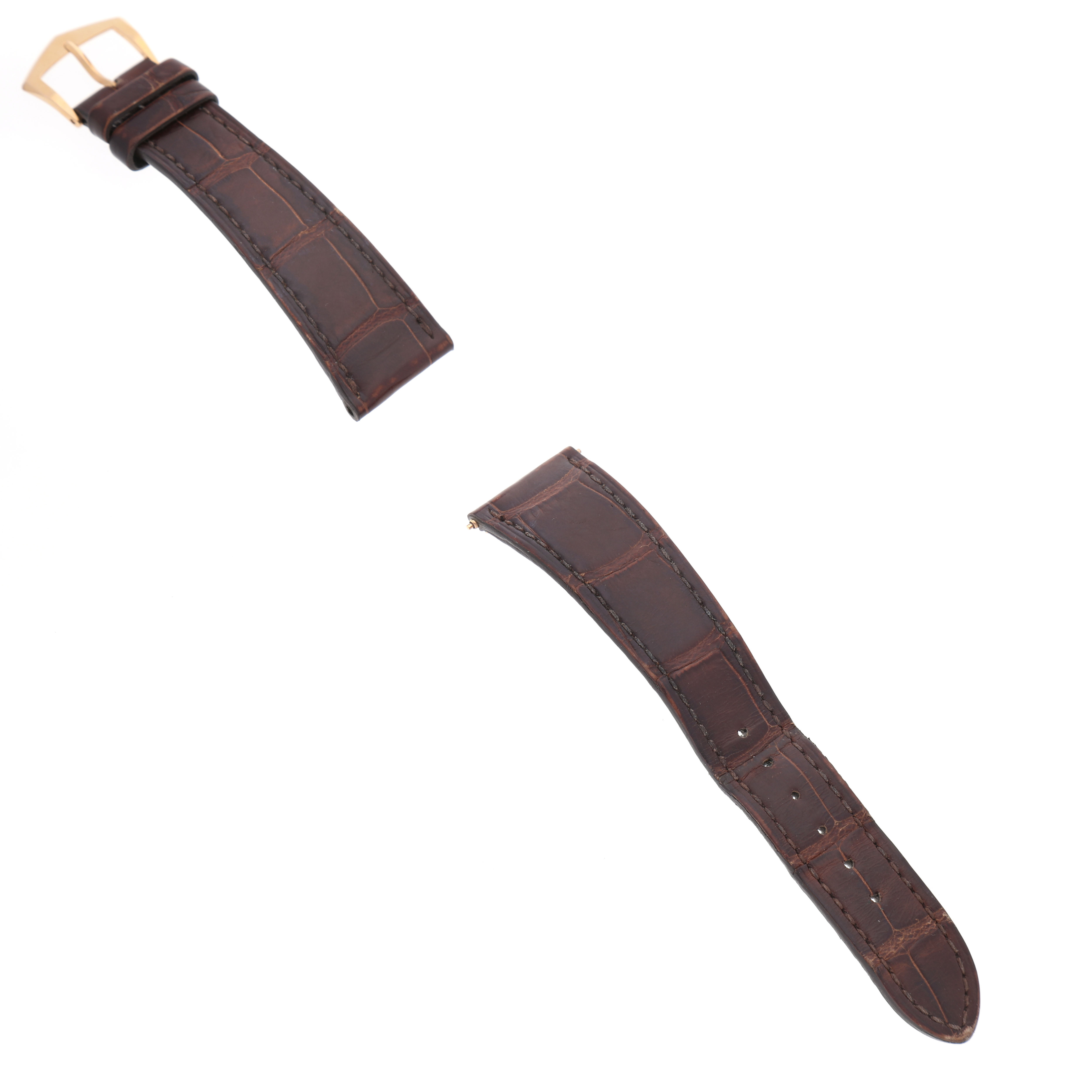 The image shows two brown leather straps for a Patek Philippe Calatrava 5196R-001 Men's Rose Gold Silver Dial watch, one featuring a gold buckle.