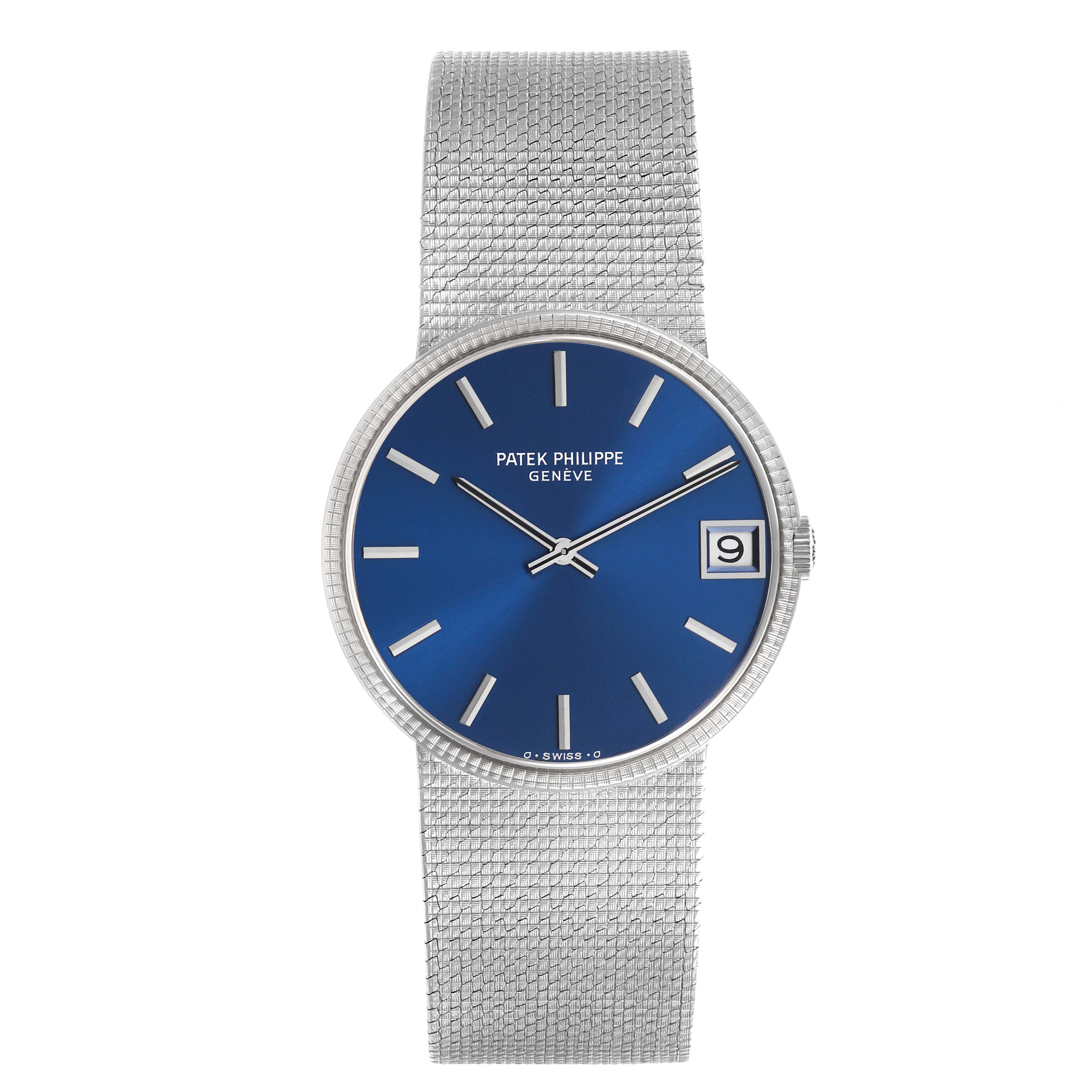 The Patek Philippe Calatrava 3601/3G Men's White Gold Blue Dial 3601/3G Men's White Gold Blue Dial watch is shown from the front, displaying its blue dial, silver markers, and date window.