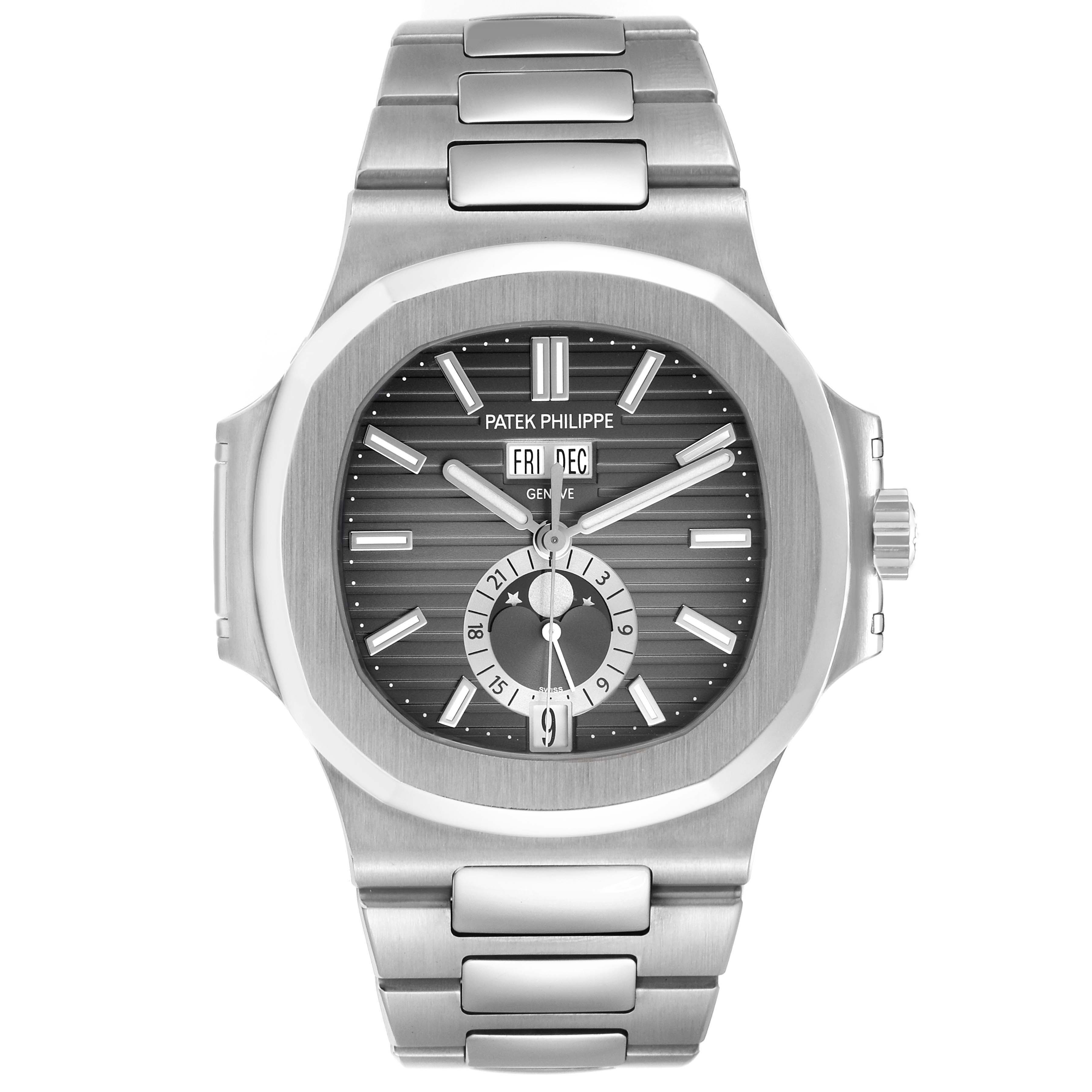 The Patek Philippe Nautilus 5726/1A-001 Men's Stainless Steel Green Dial watch is shown from a front angle, displaying the face, case, bracelet, and crown.