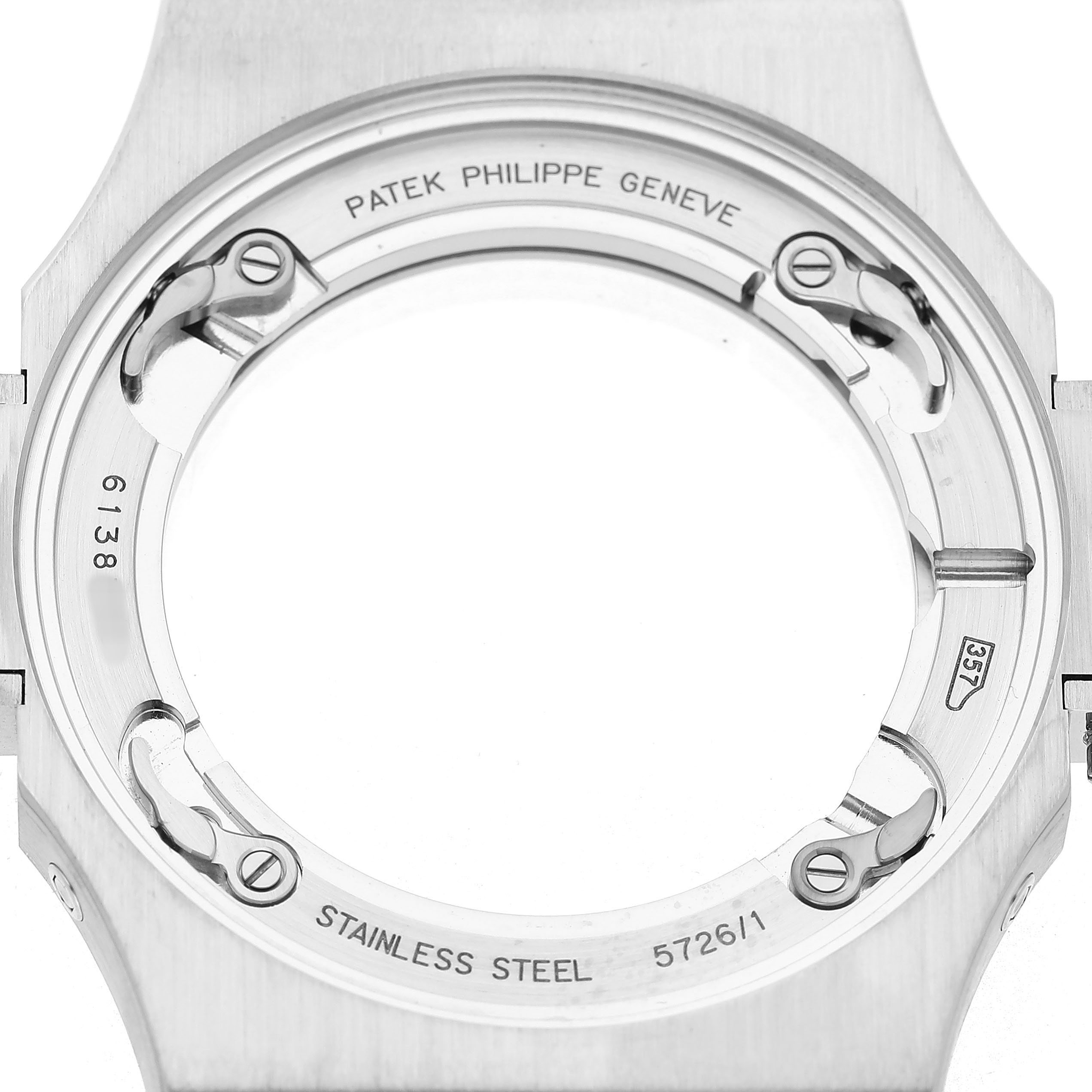 The image shows the stainless steel case back of a Patek Philippe Nautilus 5726/1A-001 Men's Stainless Steel Green Dial model from an overhead angle.