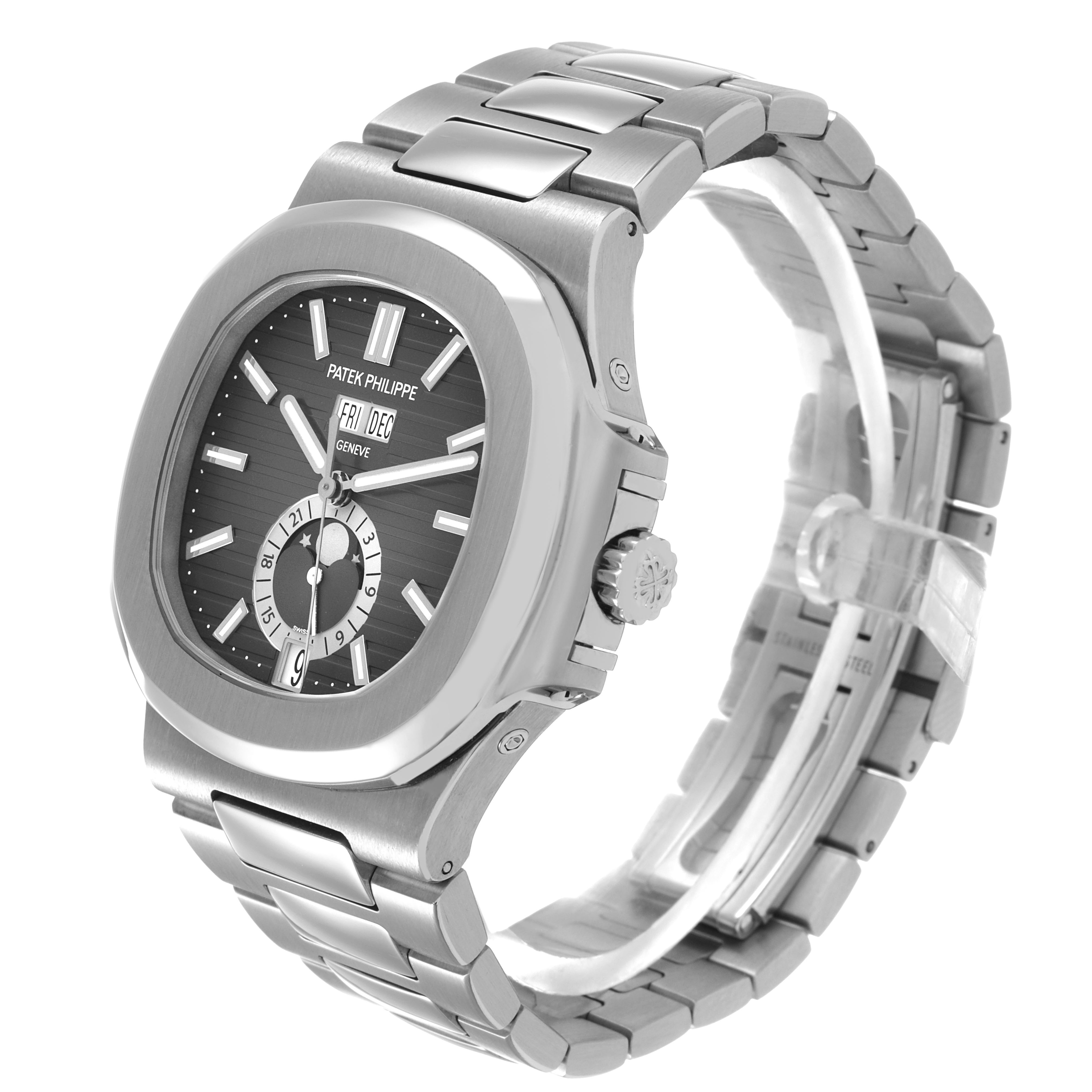 The Patek Philippe Nautilus 5726/1A-001 Men's Stainless Steel Green Dial watch is shown at an angled side view, highlighting its case, dial, bracelet, and crown.