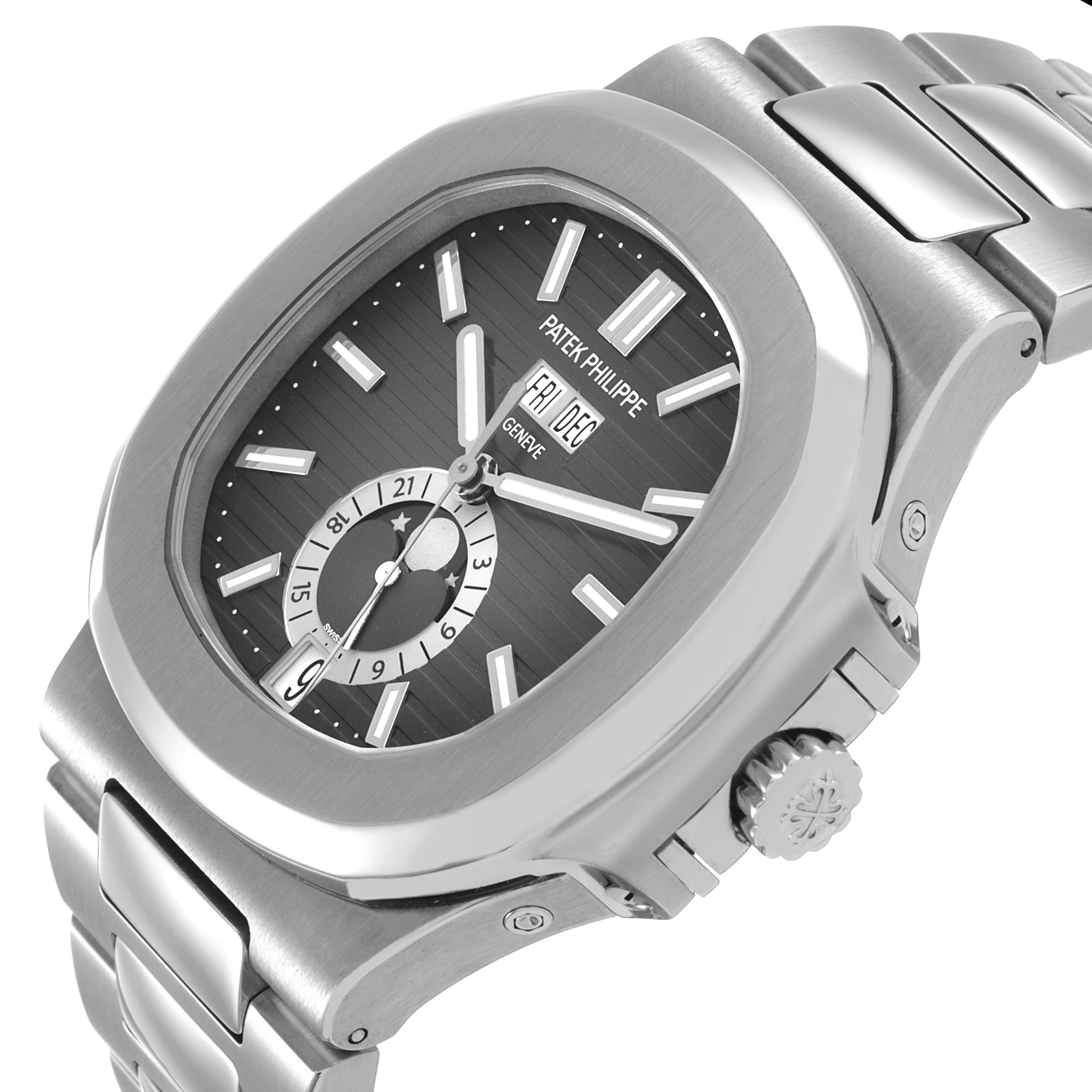 The Patek Philippe Nautilus 5726/1A-001 Men's Stainless Steel Green Dial watch is shown at an angle highlighting the dial, crown, and part of the bracelet.
