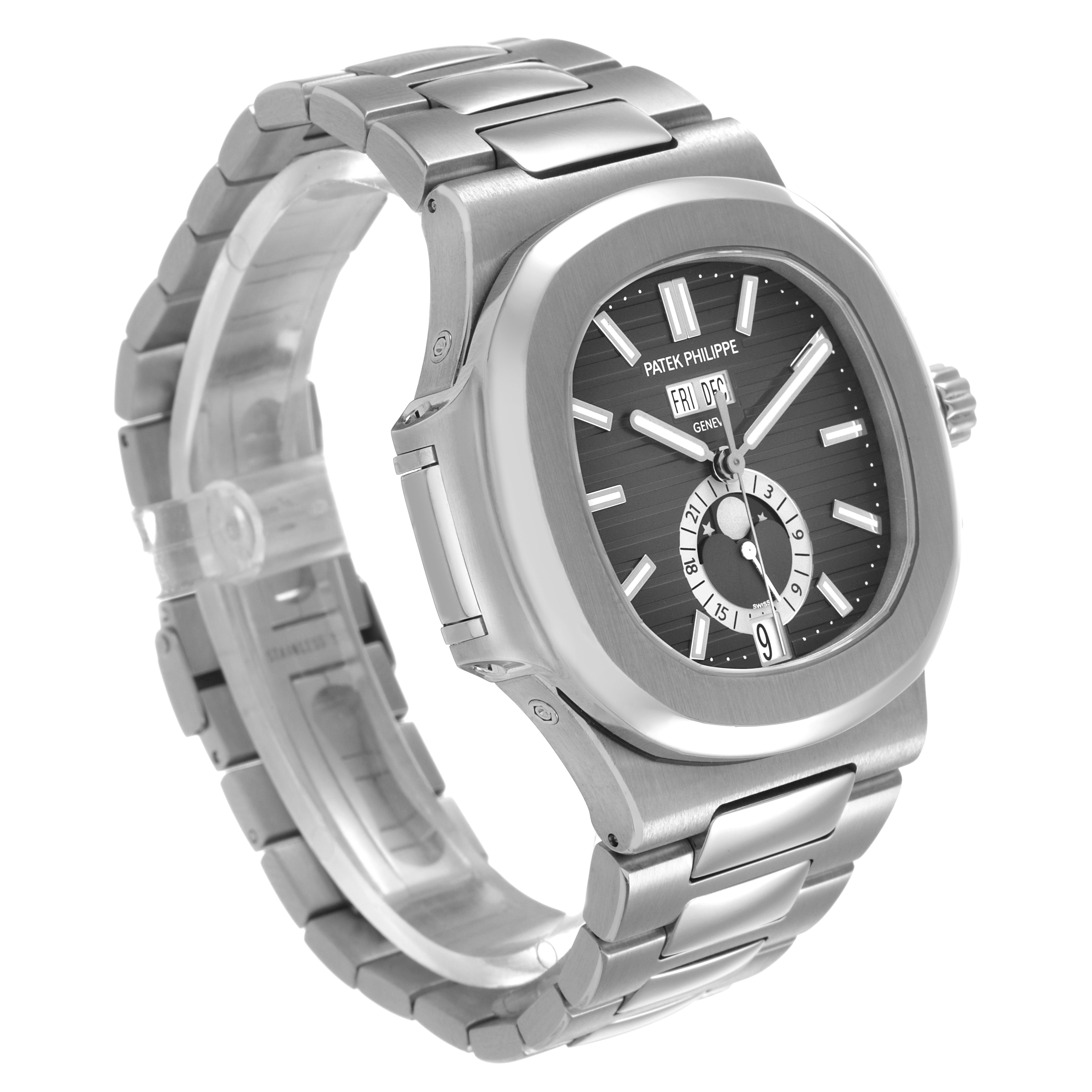 The Patek Philippe Nautilus 5726/1A-001 Men's Stainless Steel Green Dial watch is shown from a three-quarter angle, highlighting the dial, bezel, and stainless steel bracelet.