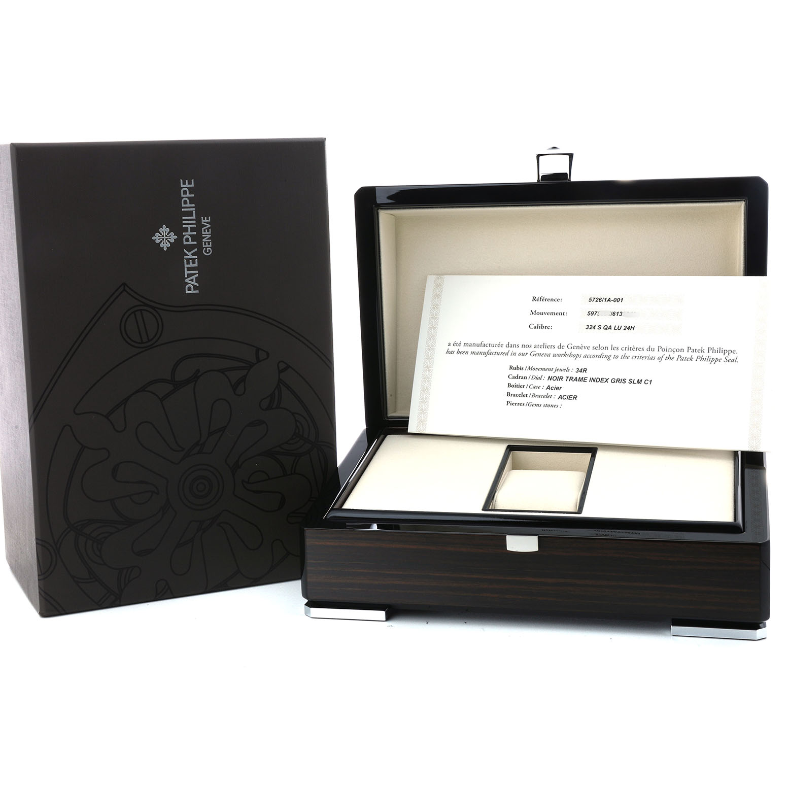 The image shows an open Patek Philippe Nautilus 5726/1A-001 Men's Stainless Steel Green Dial watch box at an angle, displaying the certificate and compartments.