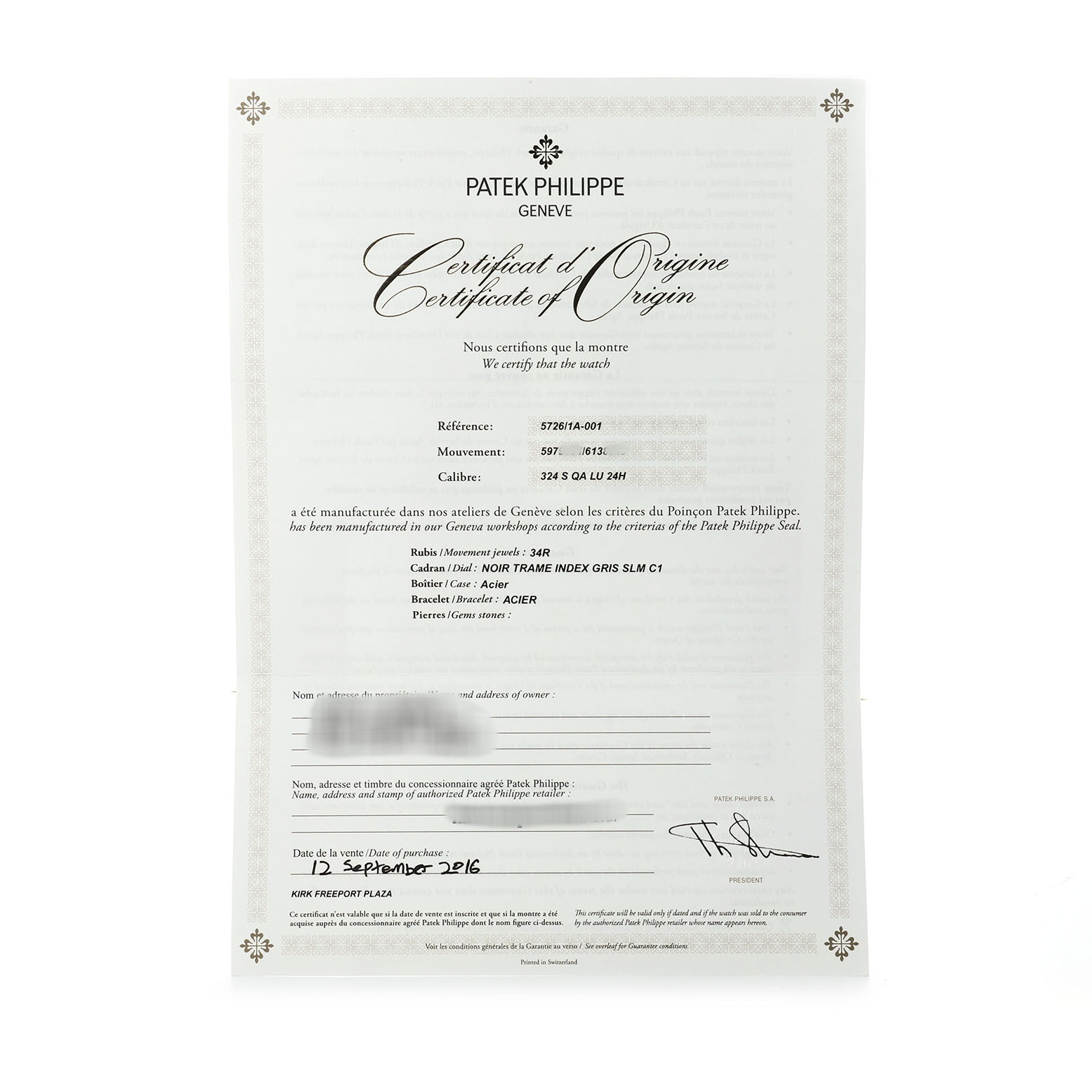 The image shows the "Certificate of Origin" for a Patek Philippe Nautilus 5726/1A-001 Men's Stainless Steel Green Dial, no watch or accessories are visible.