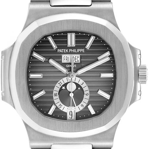 The Patek Philippe Nautilus 5726/1A-001 Men's Stainless Steel Green Dial watch is shown from the front, highlighting its dial, hands, and crown.