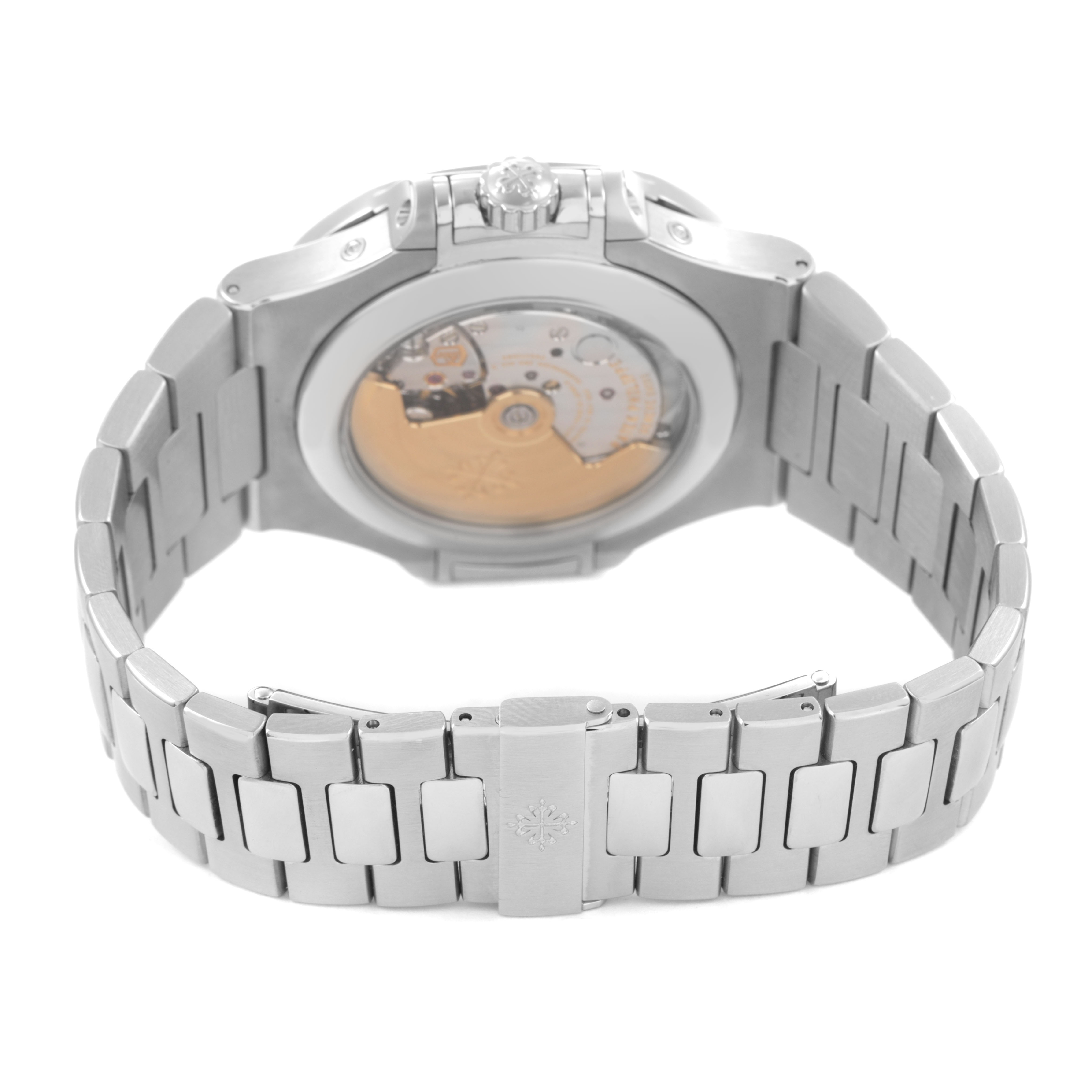 The image shows the back of a Patek Philippe Nautilus 5726/1A-001 Men's Stainless Steel Green Dial watch, highlighting the bracelet and exhibition case back.