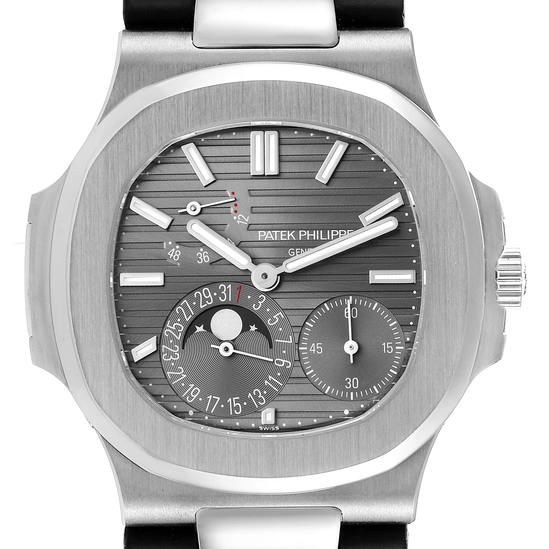The image shows the front view of a Patek Philippe Nautilus 5712G/001 Men's White Gold Grey Dial 5712G/001 Men's White Gold Grey Dial watch, displaying the dial and complications.