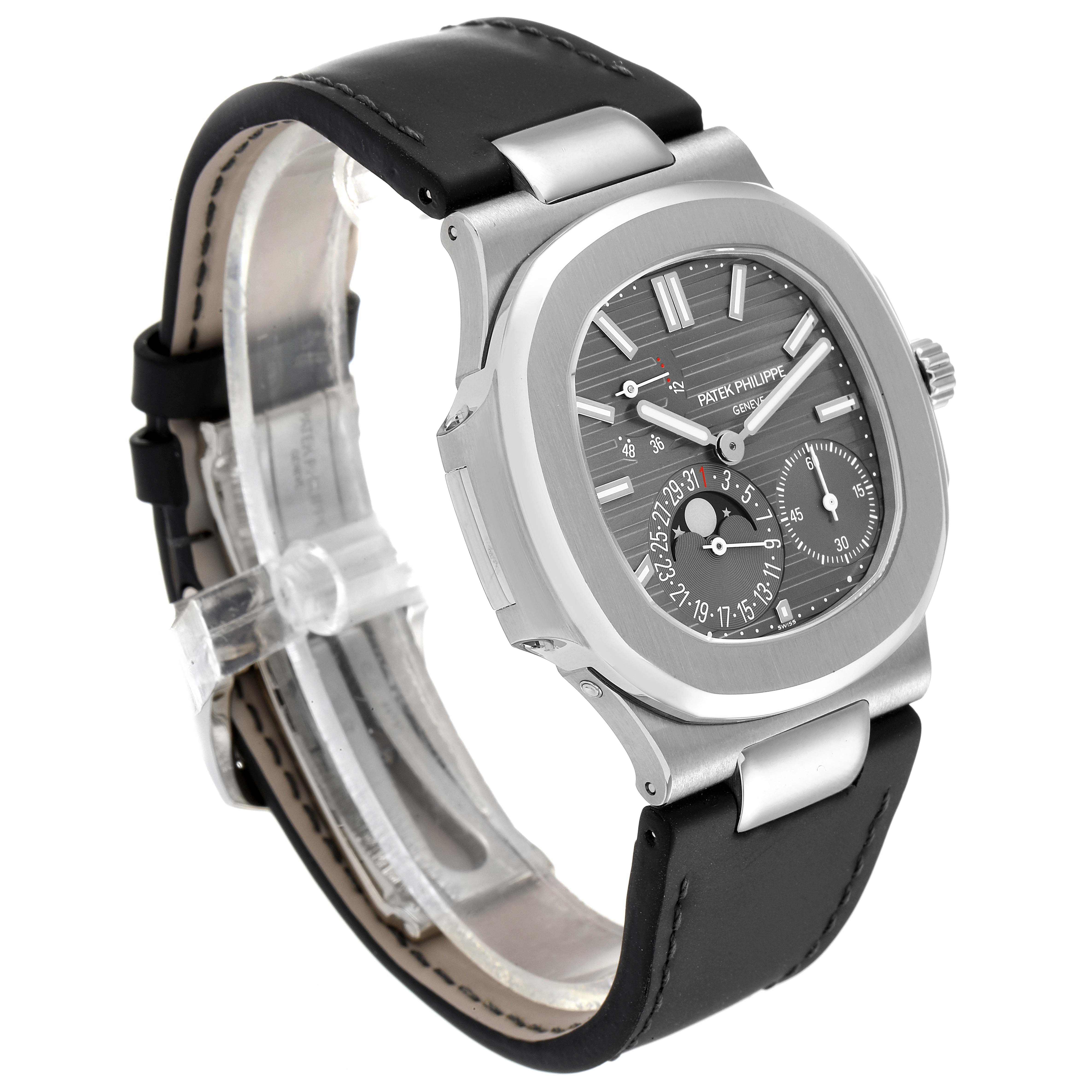 This image shows a front and side view of a Patek Philippe Nautilus 5712G/001 Men's White Gold Grey Dial 5712G/001 Men's White Gold Grey Dial watch with a black leather strap.