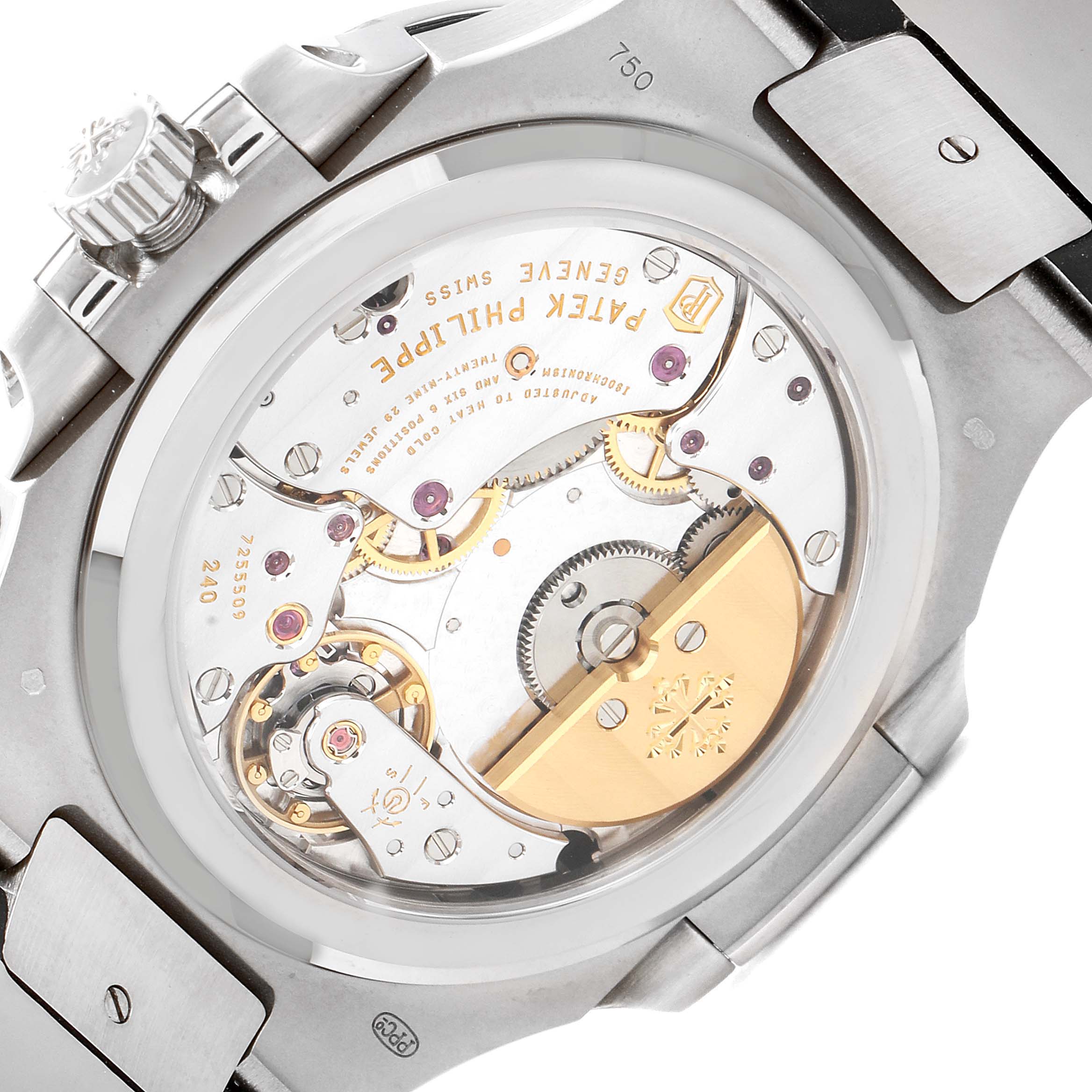 The image shows the back of a Patek Philippe Nautilus 5712G/001 Men's White Gold Grey Dial 5712G/001 Men's White Gold Grey Dial watch, highlighting its intricate mechanical movement and internal components.