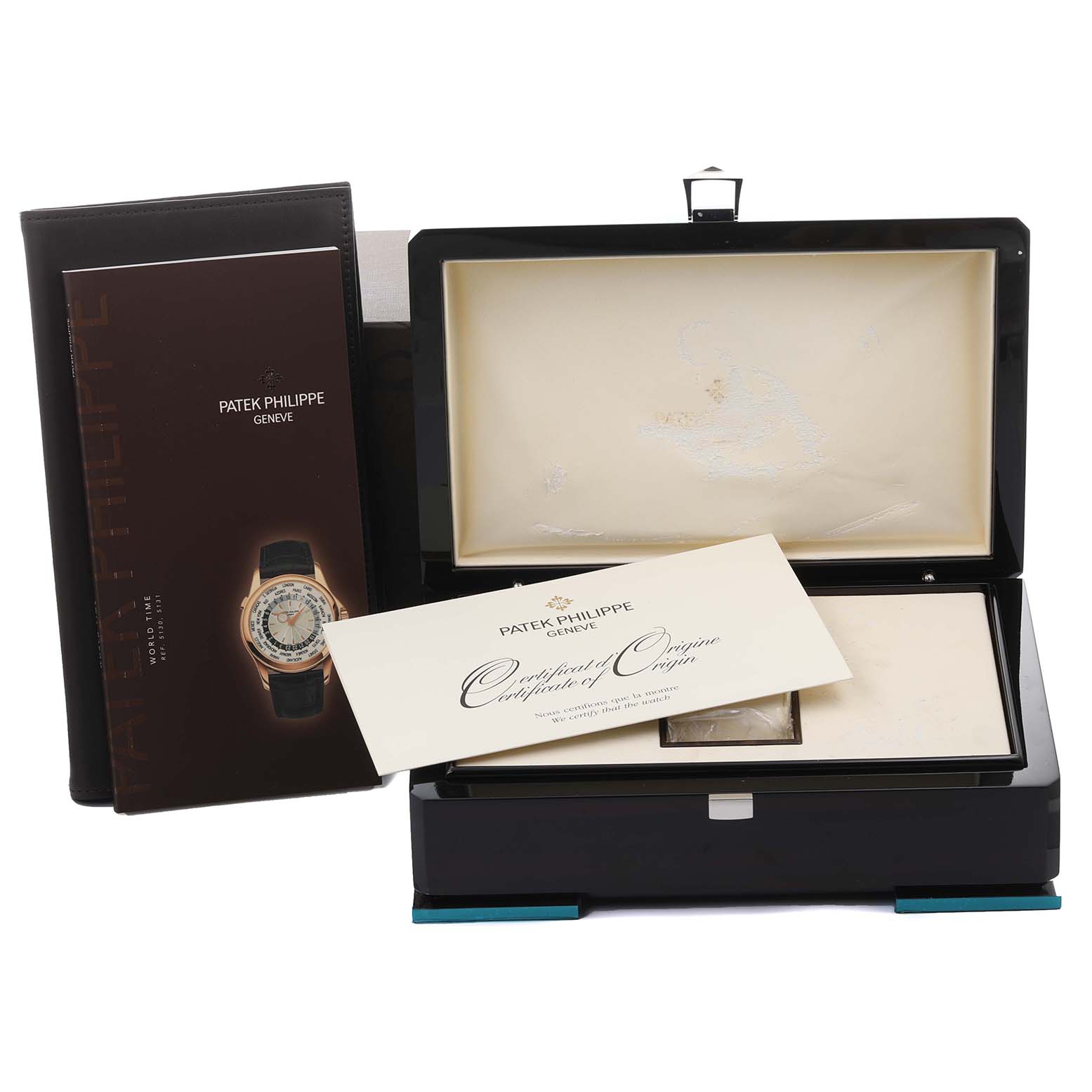 The image shows the Patek Philippe Complications 5130P-001 Men's Platinum Blue Dial 5130P-001 Men's Platinum Blue Dial box, certificate, and booklet from a top-front angle.