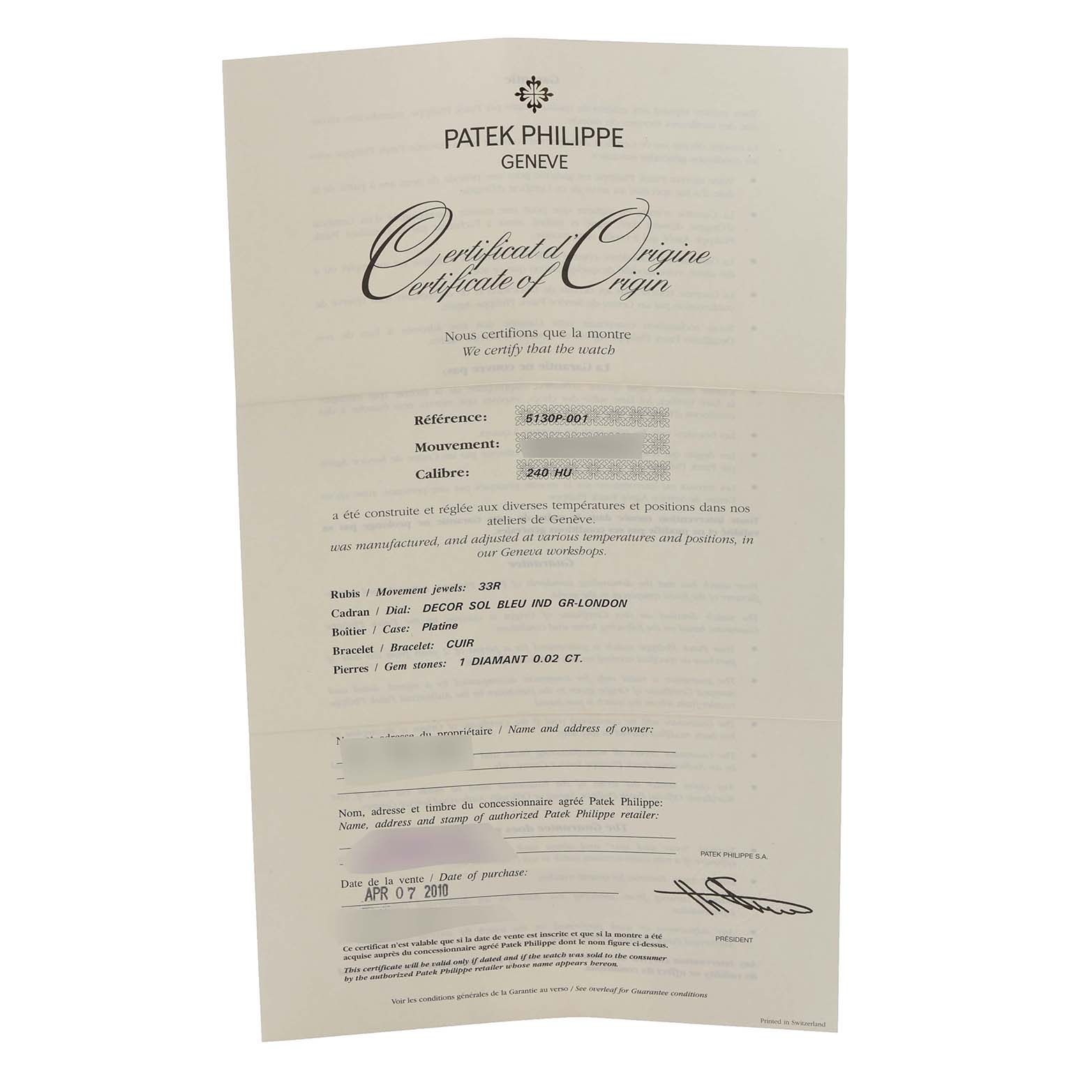 The image shows a "Certificate of Origin" for a Patek Philippe Complications 5130P-001 Men's Platinum Blue Dial 5130P-001 Men's Platinum Blue Dial watch, model 5130P-001.