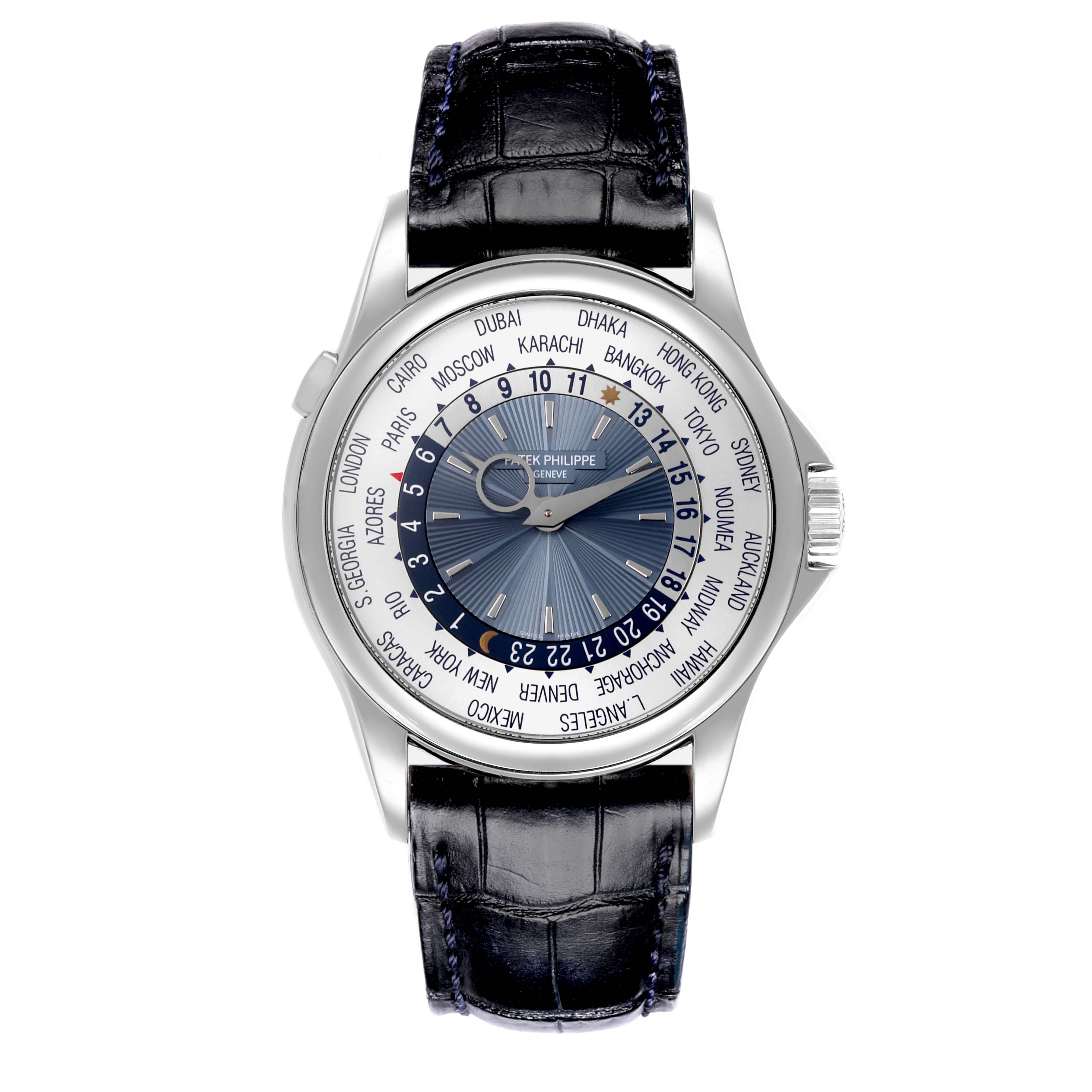 The Patek Philippe Complications 5130P-001 Men's Platinum Blue Dial 5130P-001 Men's Platinum Blue Dial watch is shown from a front angle, highlighting its face and leather strap.