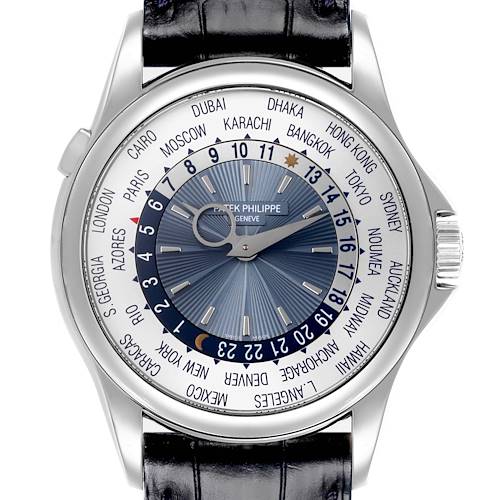 The Patek Philippe Complications watch is shown from a top view, highlighting the dial, bezel, and part of the strap.