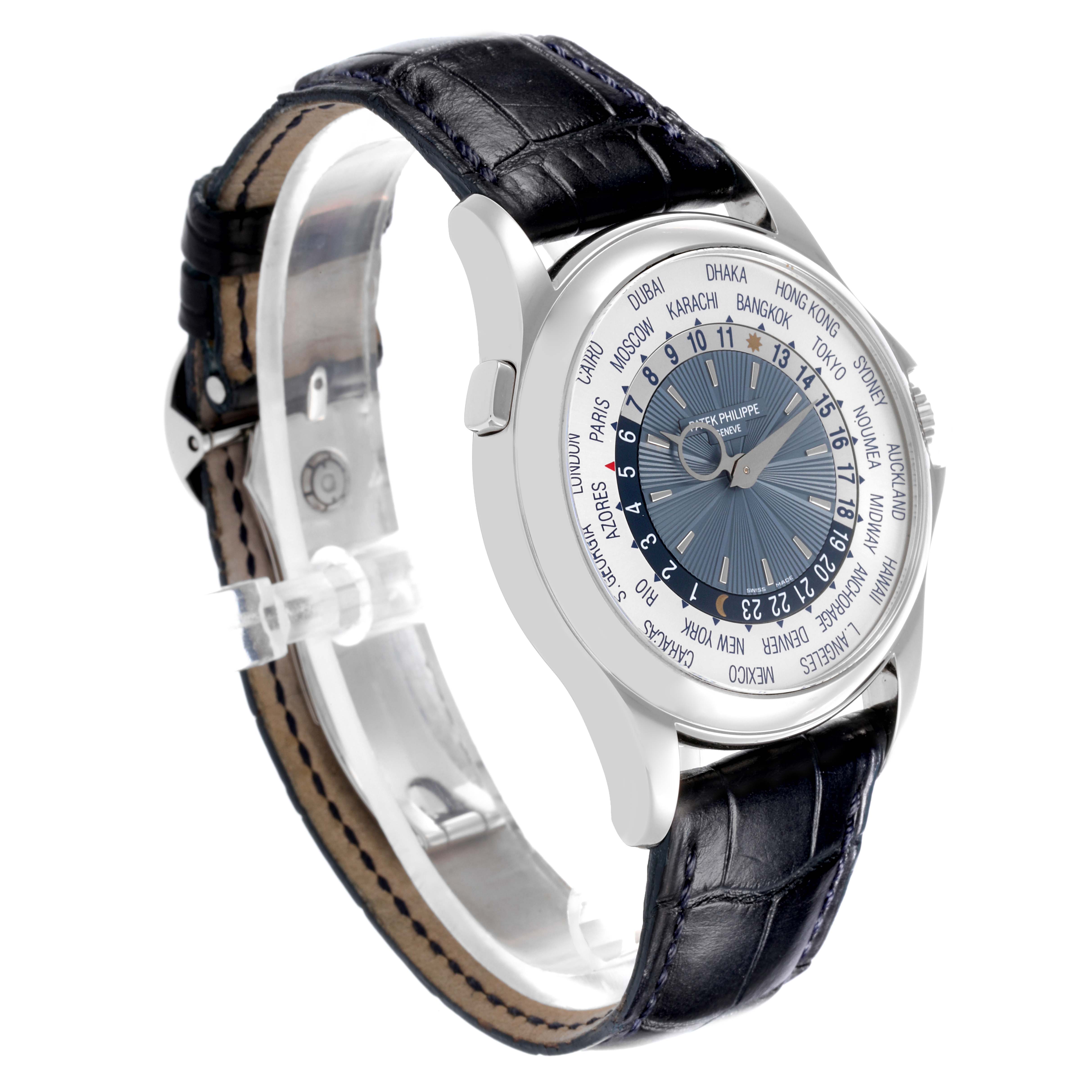 The Patek Philippe Complications 5130P-001 Men's Platinum Blue Dial 5130P-001 Men's Platinum Blue Dial watch is shown at a slightly angled side view, highlighting the dial and leather strap.