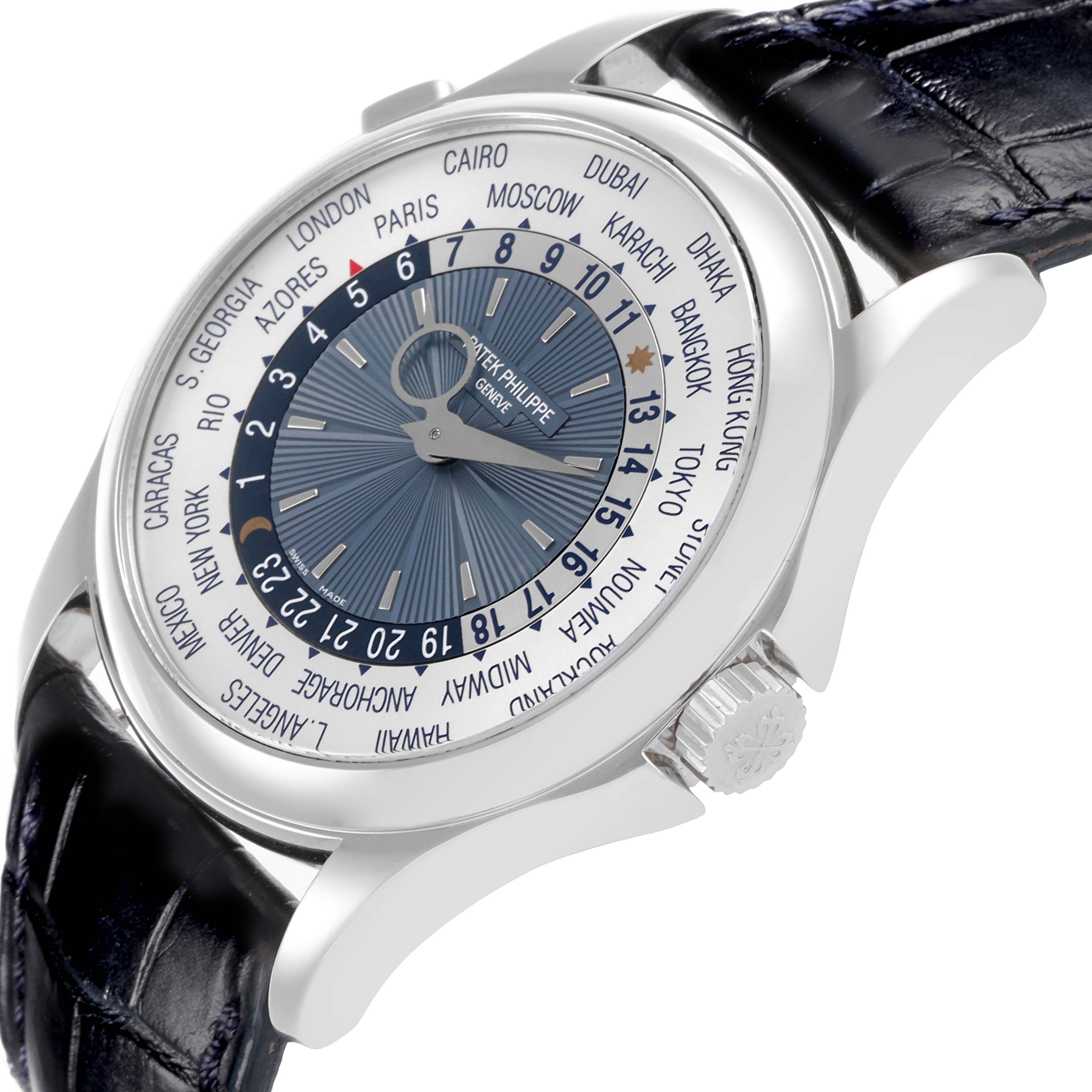 The Patek Philippe Complications 5130P-001 Men's Platinum Blue Dial 5130P-001 Men's Platinum Blue Dial watch is shown at an angled side view, highlighting the dial, bezel, crown, and strap.