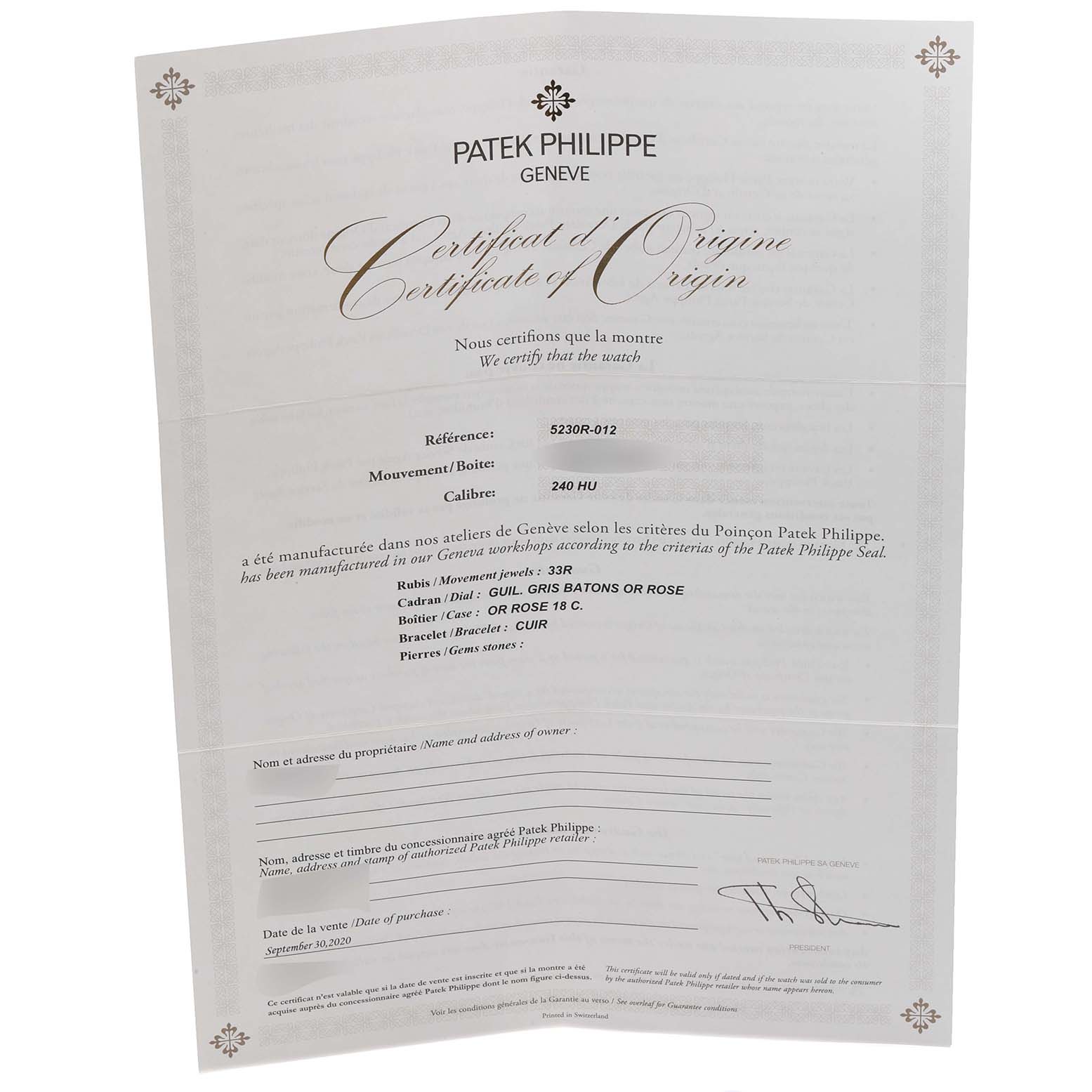 The image shows a Patek Philippe Certificate of Origin for the Complications model.