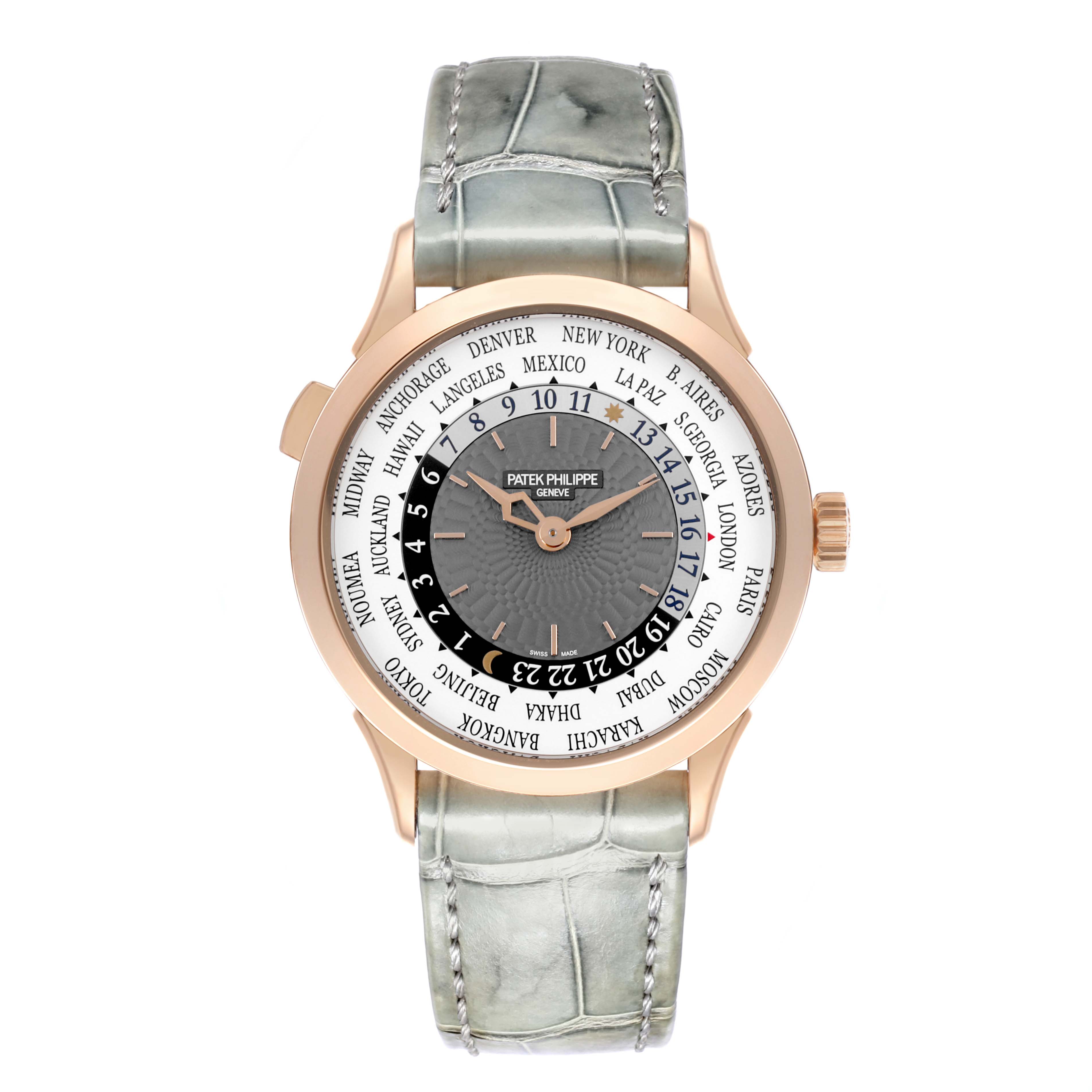 The Patek Philippe Complications 5230R-012 Men's Rose Gold Grey Dial 5230R-012 Men's Rose Gold Grey Dial watch is shown from a top view, displaying the face, bezel, and green leather strap.