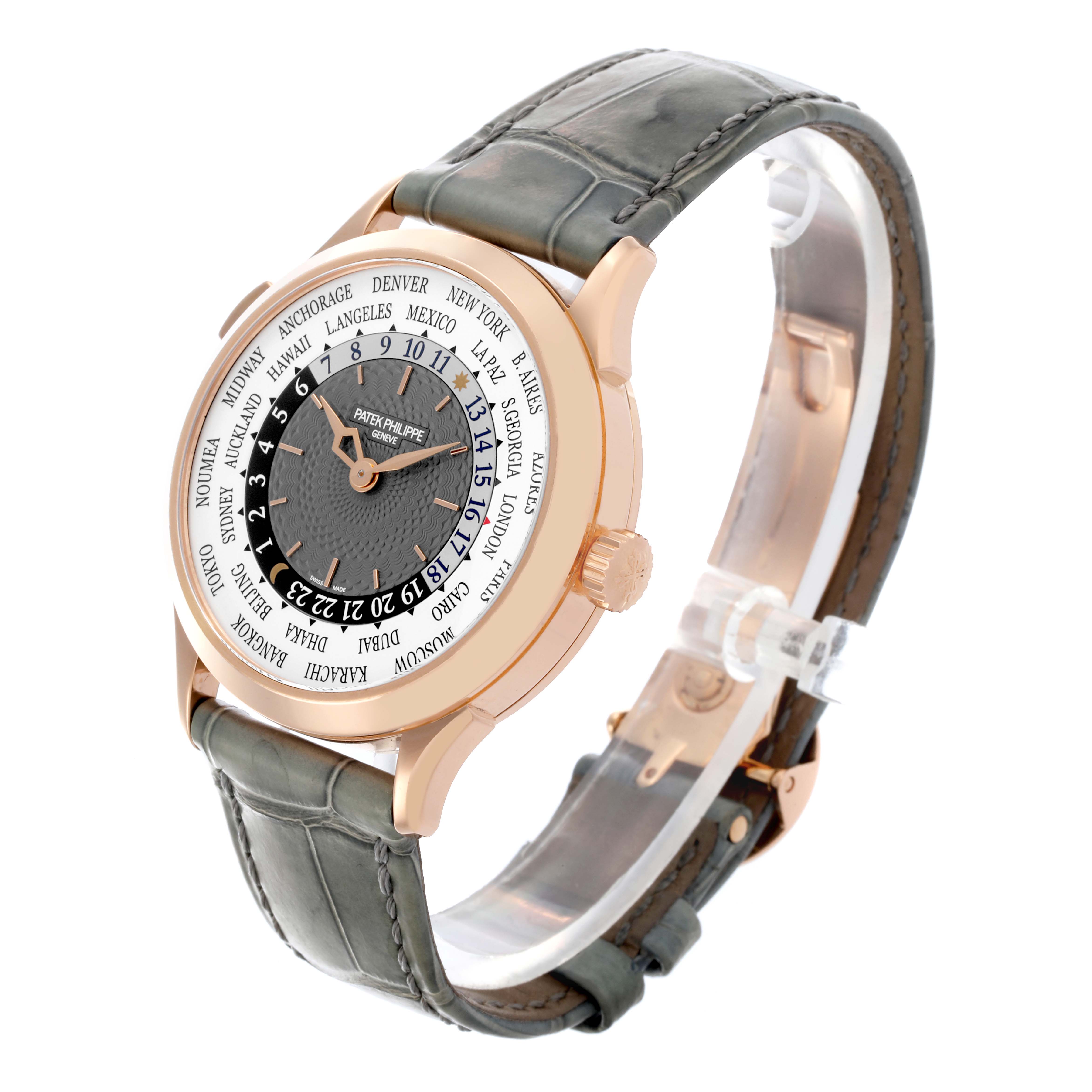 The Patek Philippe Complications 5230R-012 Men's Rose Gold Grey Dial 5230R-012 Men's Rose Gold Grey Dial watch is shown at a three-quarter angle, highlighting its face, bezel, and leather strap.