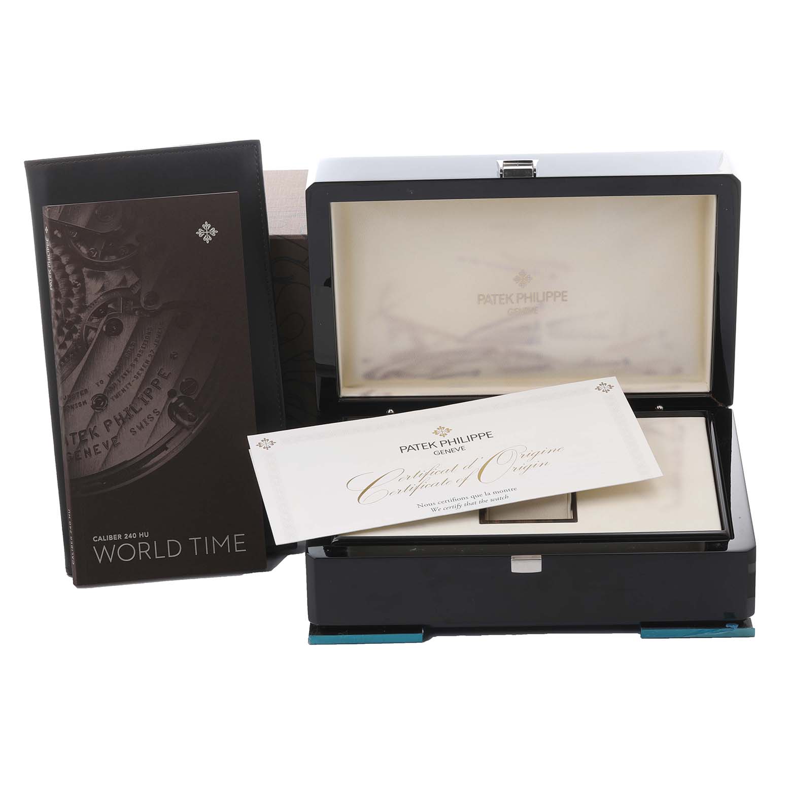 The image shows the packaging and documents for the Patek Philippe Complications 5230R-012 Men's Rose Gold Grey Dial 5230R-012 Men's Rose Gold Grey Dial watch, featuring a box and certificate.