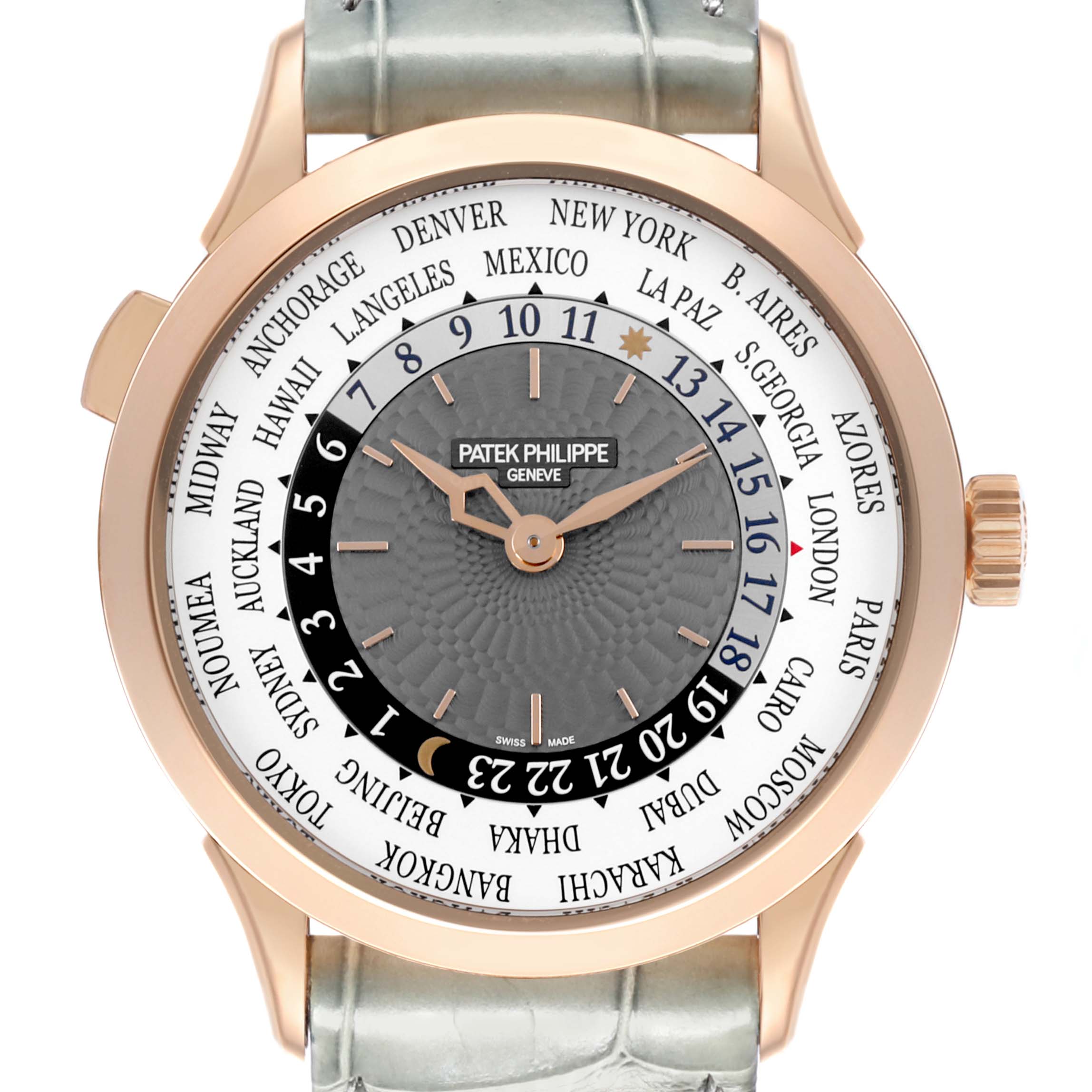 The image shows a frontal view of the Patek Philippe Complications 5230R-012 Men's Rose Gold Grey Dial 5230R-012 Men's Rose Gold Grey Dial watch, displaying the full dial and bezel.