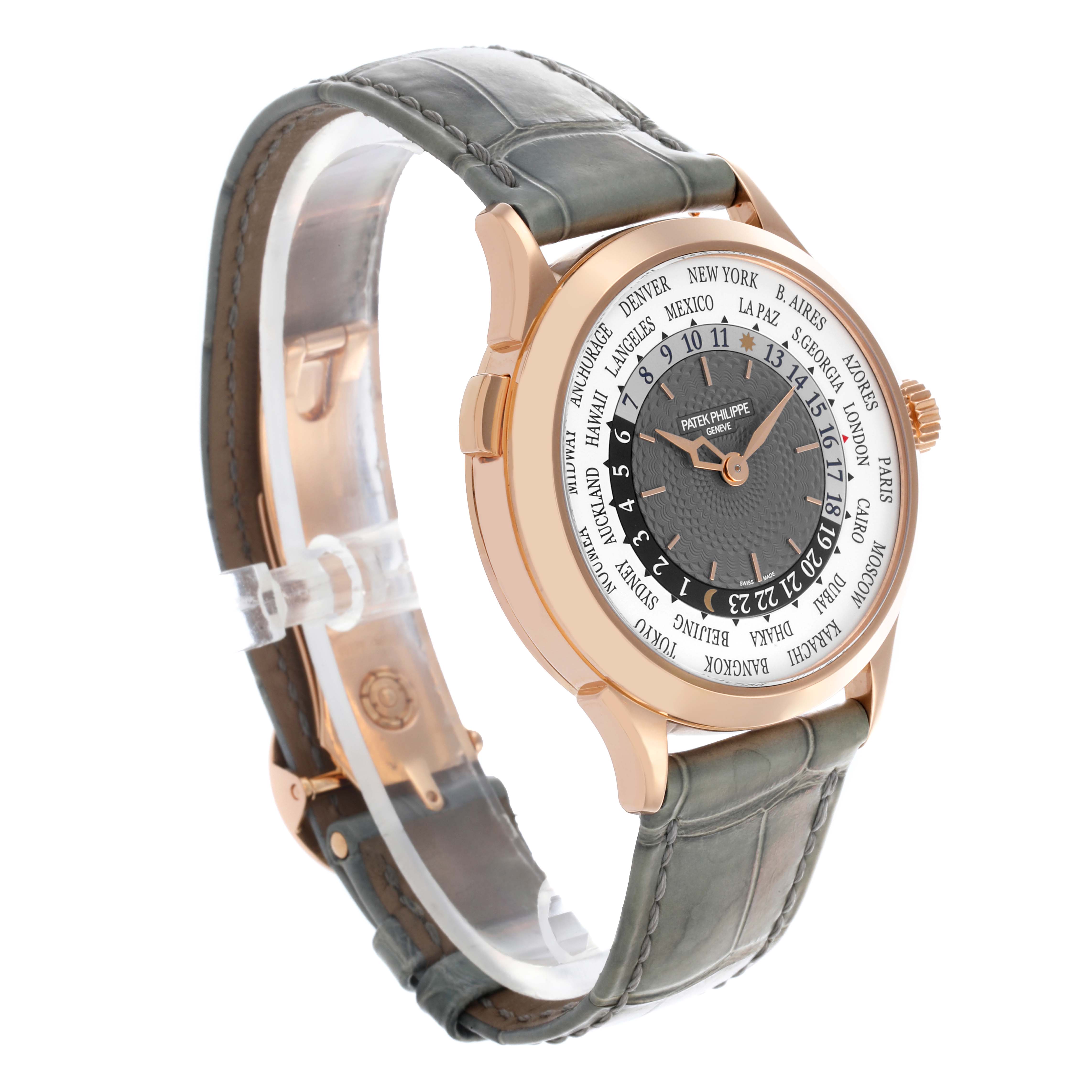 The image shows a side angle of the Patek Philippe Complications 5230R-012 Men's Rose Gold Grey Dial 5230R-012 Men's Rose Gold Grey Dial watch, highlighting the face, bezel, strap, and crown.